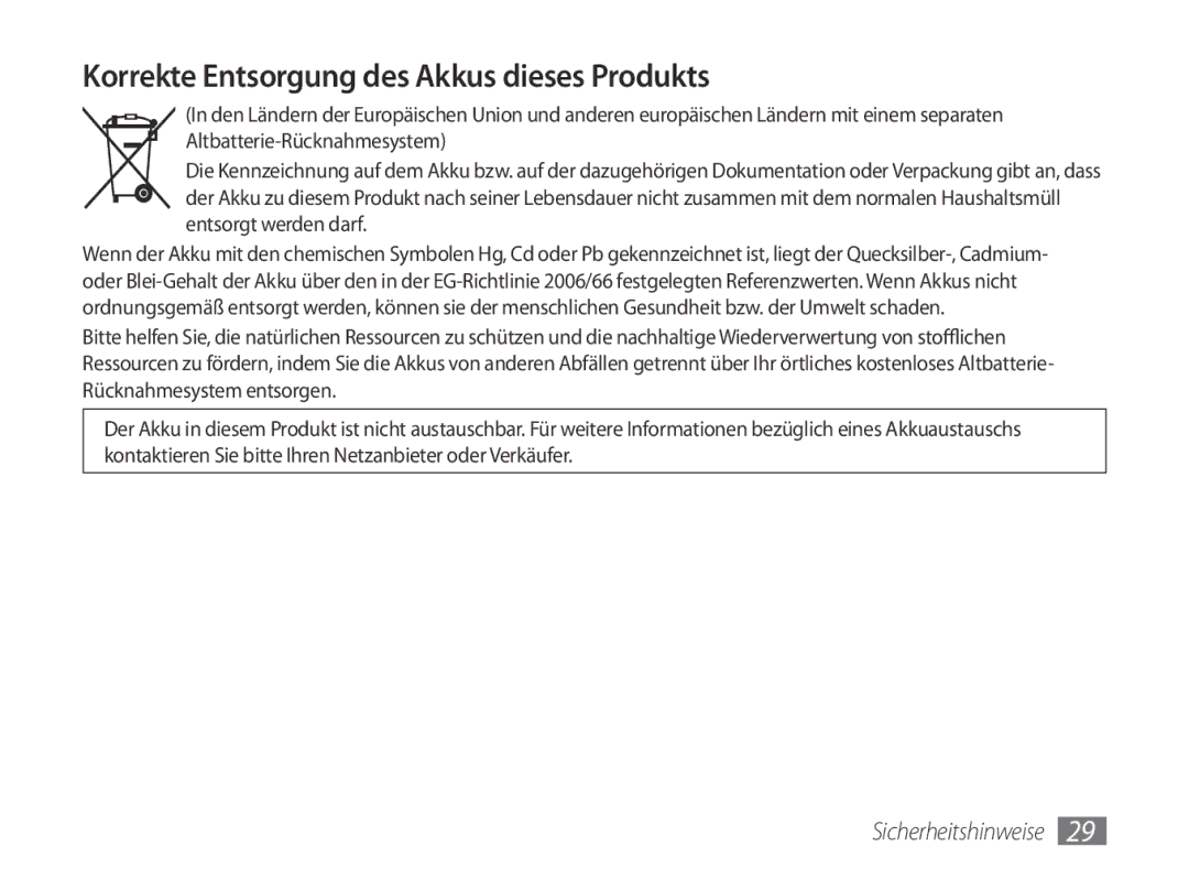 Samsung GT-P7100MSAVD2 manual Korrekte Entsorgung des Akkus dieses Produkts 