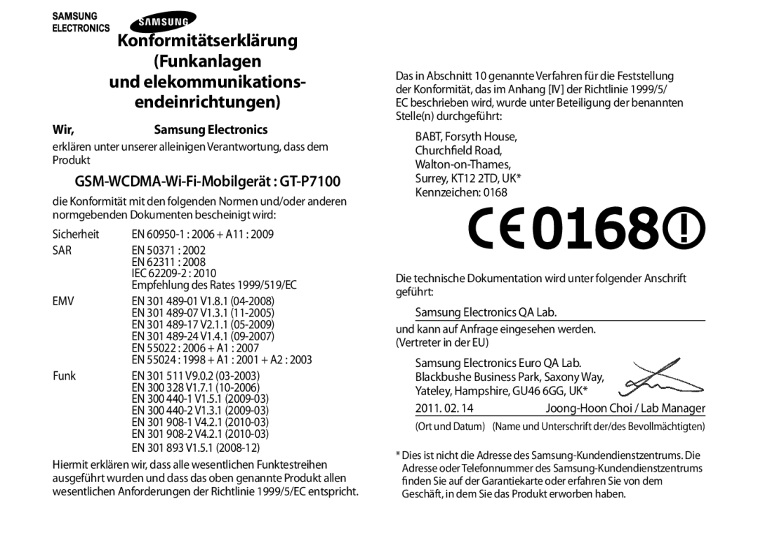 Samsung GT-P7100MSAVD2 manual Funkanlagen, Und elekommunikations, Endeinrichtungen 