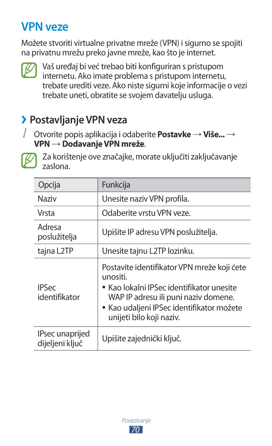 Samsung GT-P7100MSAVIP, GT-P7100MSATWO manual VPN veze, ››Postavljanje VPN veza 