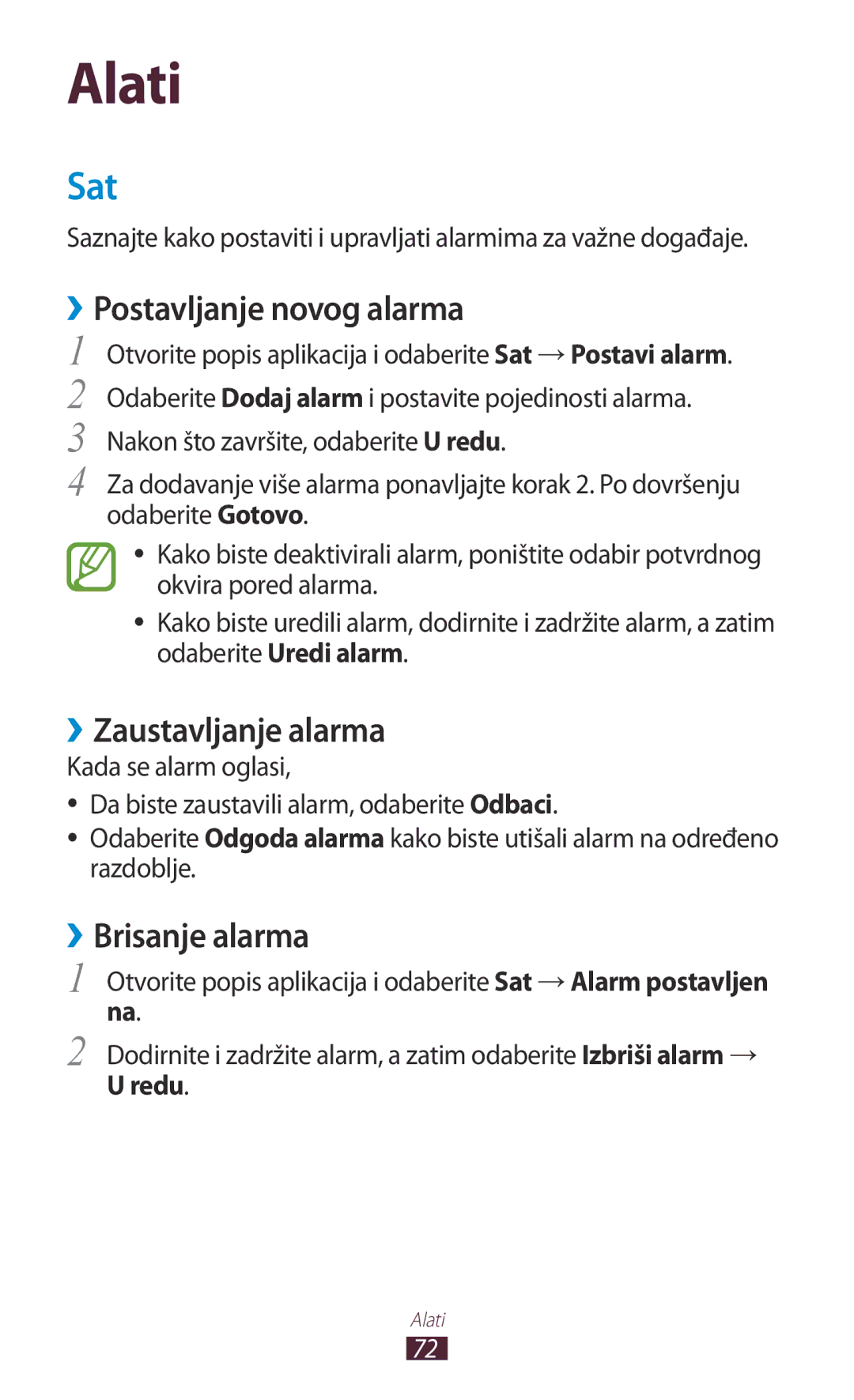 Samsung GT-P7100MSAVIP, GT-P7100MSATWO manual Sat, ››Postavljanje novog alarma, ››Zaustavljanje alarma, ››Brisanje alarma 