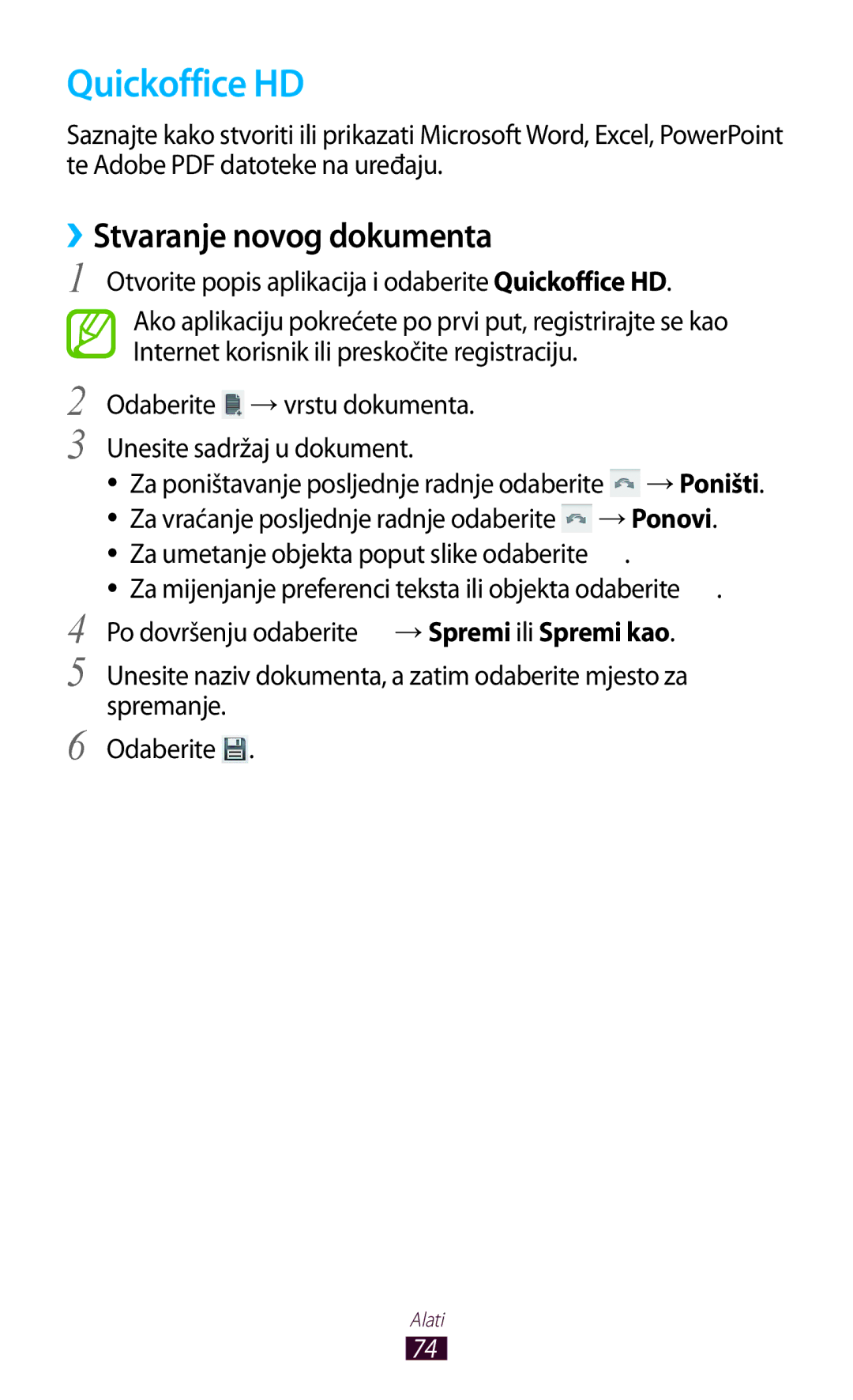 Samsung GT-P7100MSAVIP manual Quickoffice HD, ››Stvaranje novog dokumenta, Za umetanje objekta poput slike odaberite 