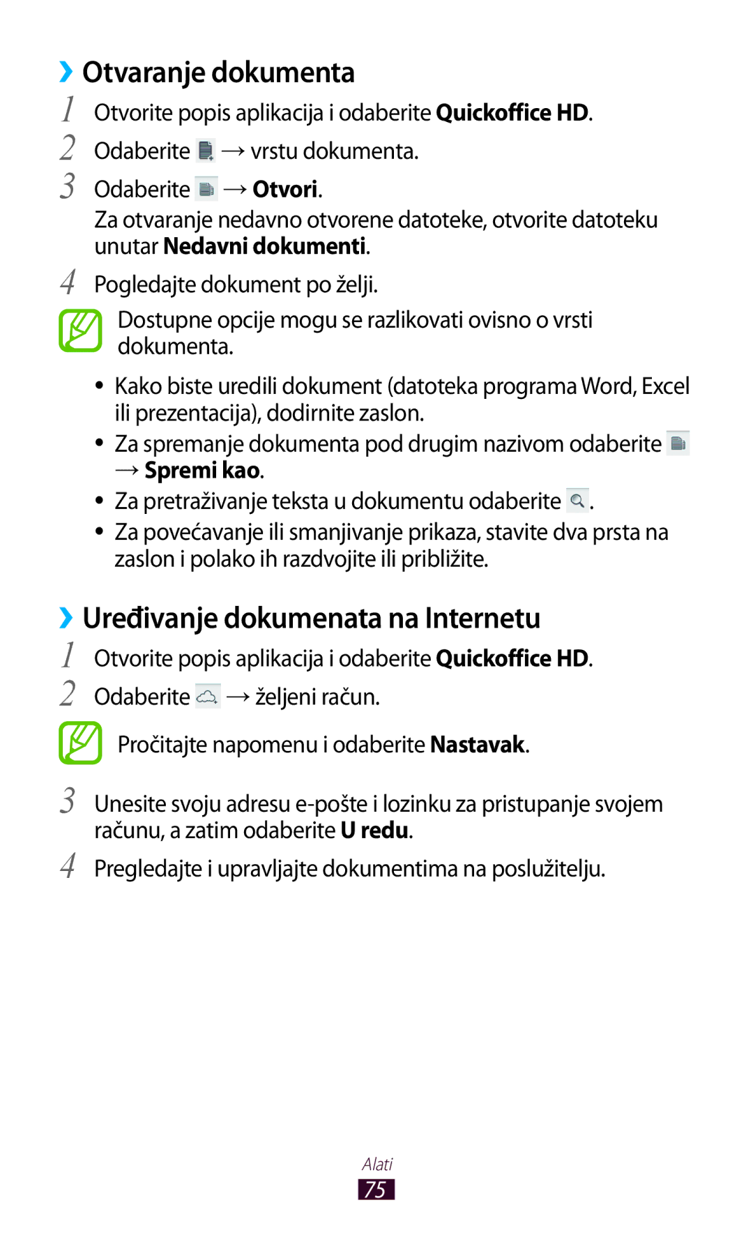 Samsung GT-P7100MSATWO manual Otvaranje dokumenta, ››Uređivanje dokumenata na Internetu, → Otvori, Unutar Nedavni dokumenti 