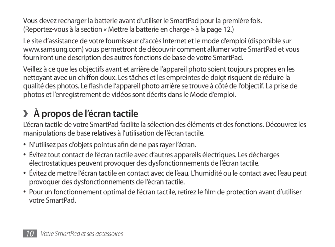 Samsung GT-P7100MSAXEF, GT-P7100MSASFR manual ›› À propos de l’écran tactile 