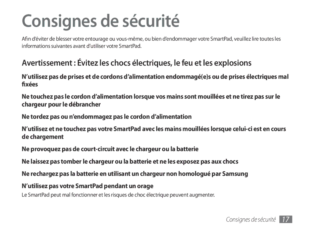 Samsung GT-P7100MSASFR, GT-P7100MSAXEF manual Consignes de sécurité 