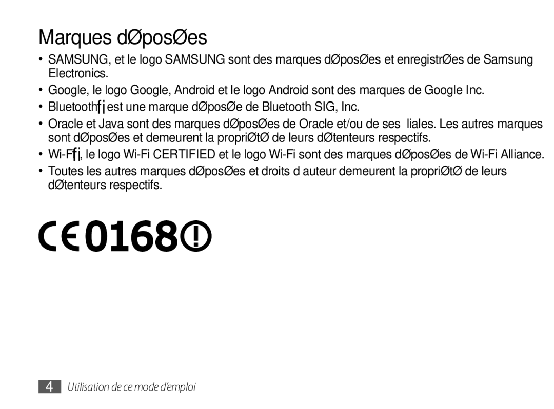 Samsung GT-P7100MSAXEF, GT-P7100MSASFR manual Marques déposées, Bluetooth est une marque déposée de Bluetooth SIG, Inc 