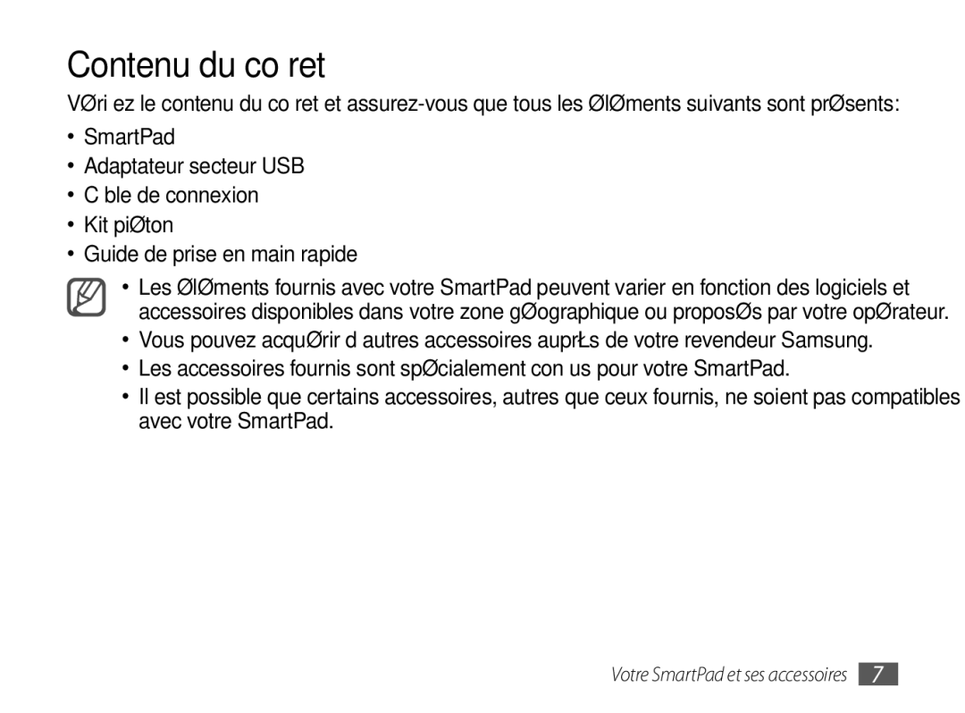 Samsung GT-P7100MSASFR, GT-P7100MSAXEF manual Contenu du coffret 