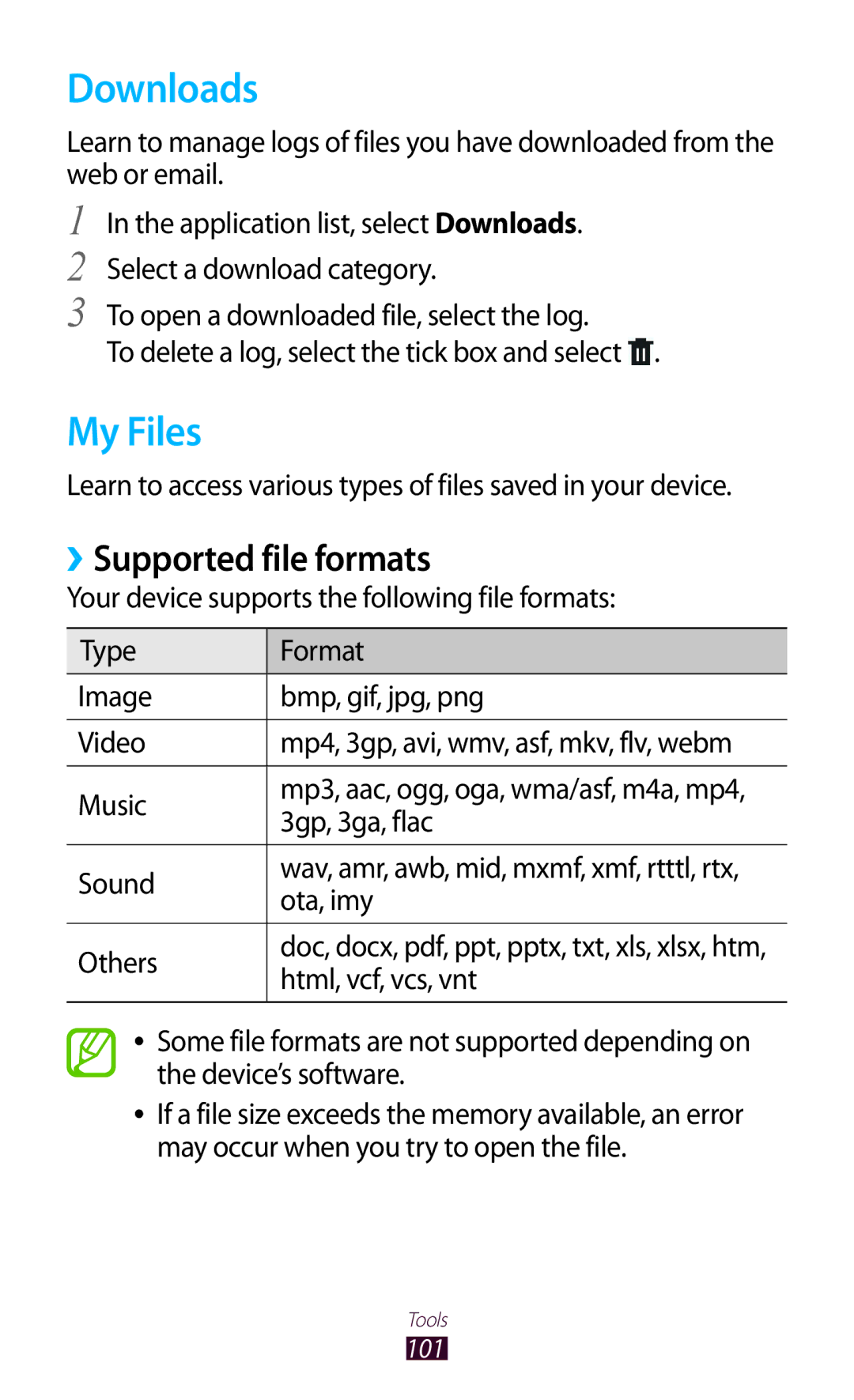 Samsung GT-P7300UWAAFR, GT-P7300FKAARB, GT-P7300FKEJED manual Downloads, My Files, ››Supported file formats, 3gp, 3ga, flac 