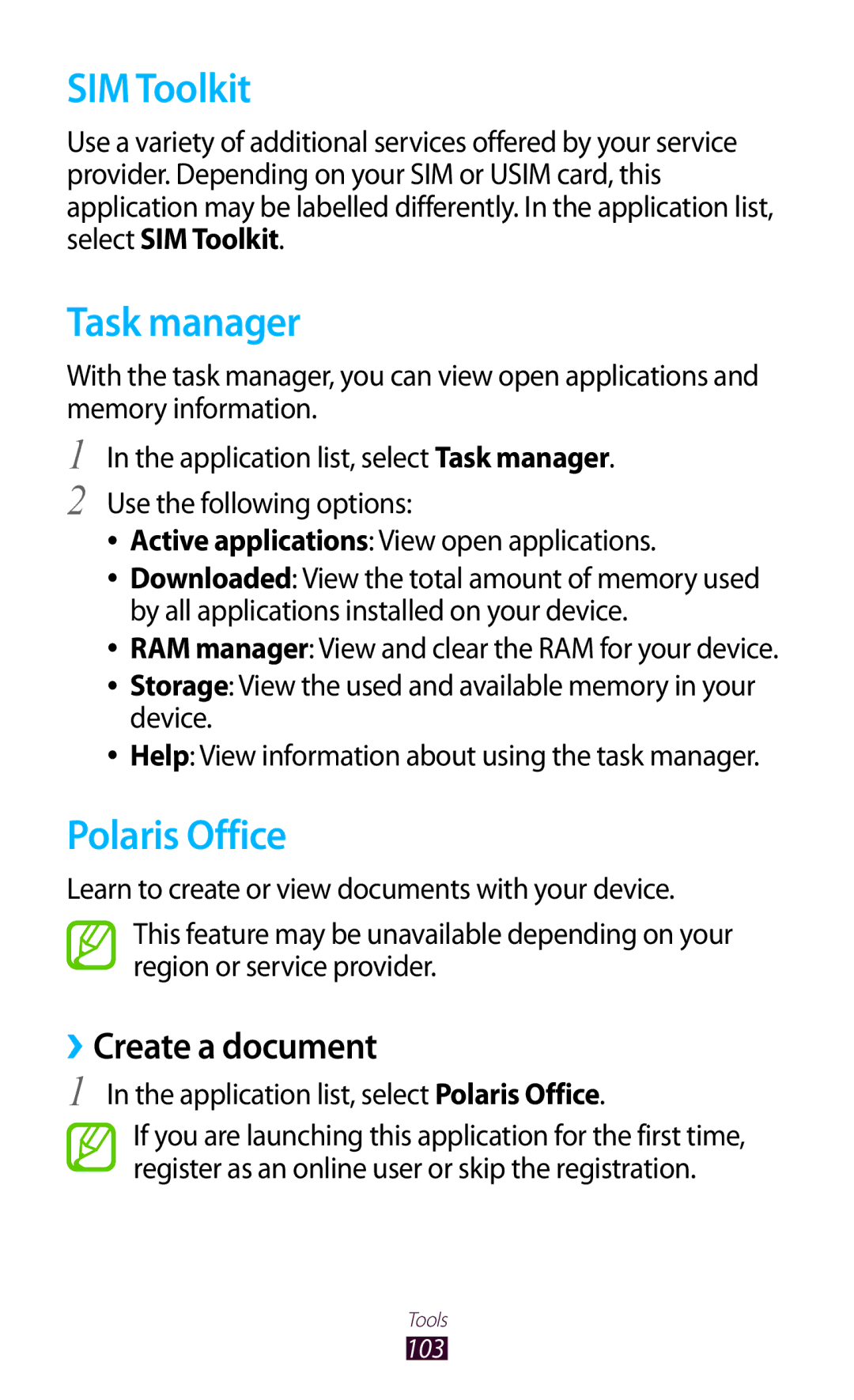 Samsung GT-P7300UWAJED, GT-P7300FKAARB, GT-P7300FKEJED manual SIM Toolkit, Task manager, Polaris Office, ››Create a document 