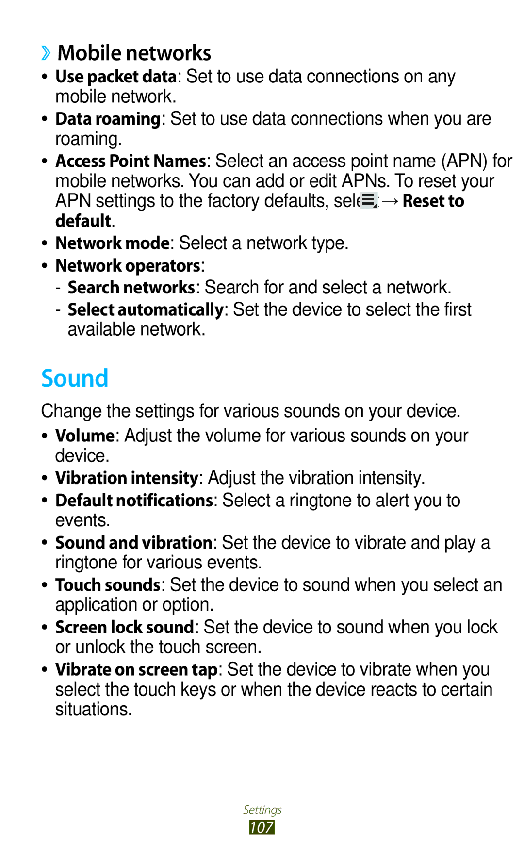 Samsung GT-P7300UWAXSG, GT-P7300FKAARB, GT-P7300FKEJED, GT-P7300UWAAFR manual Sound, ››Mobile networks, Network operators 