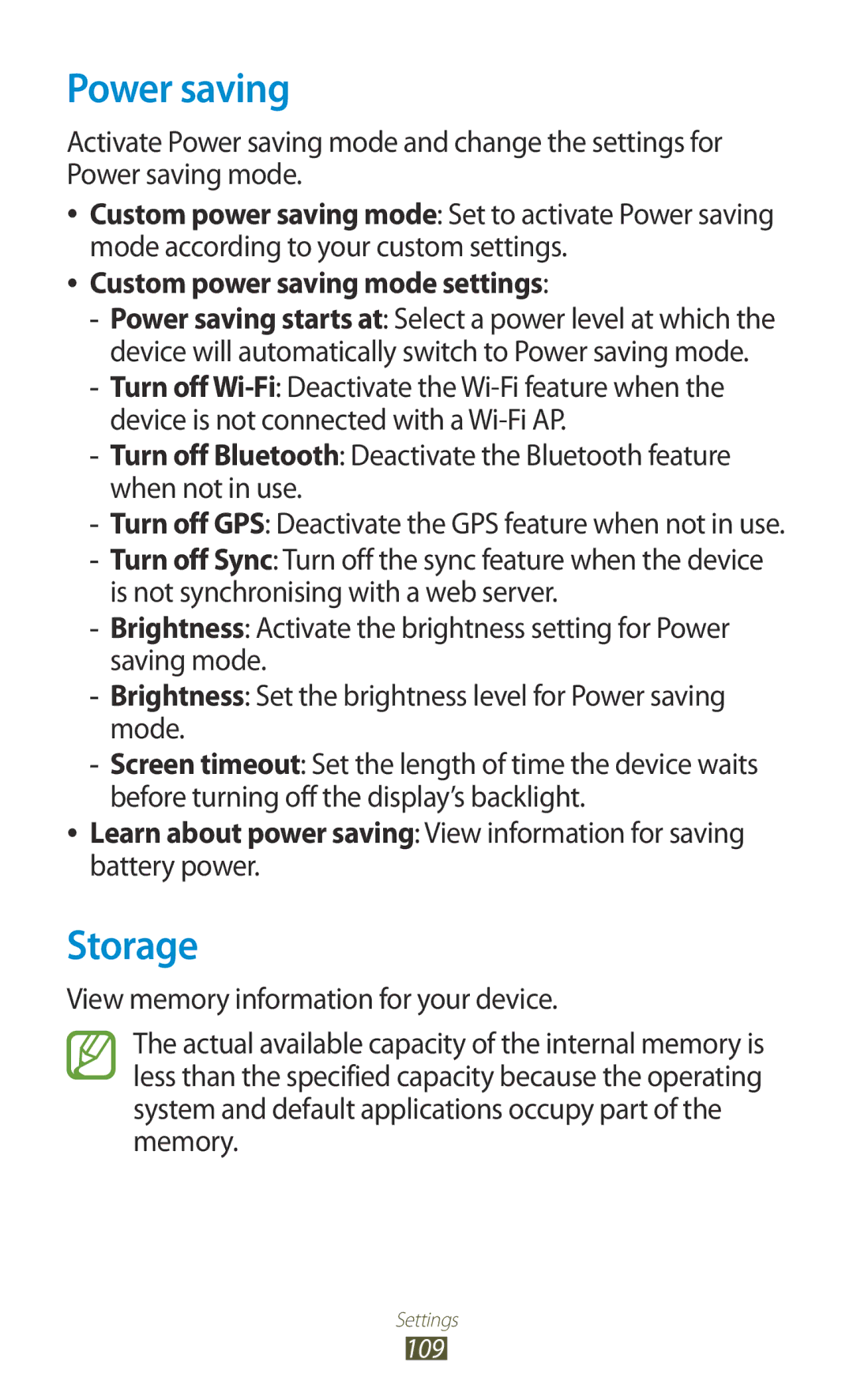 Samsung GT-P7300UWAKSA, GT-P7300FKAARB, GT-P7300FKEJED, GT-P7300UWAAFR, GT-P7300UWABTC, GT-P7300UWAJED Power saving, Storage 