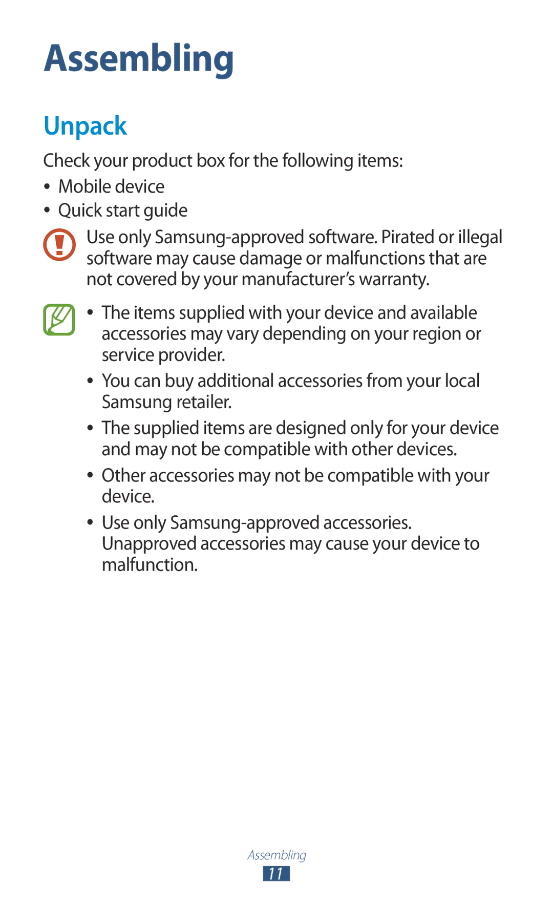 Samsung GT-P7300FKAKSA, GT-P7300FKAARB, GT-P7300FKEJED, GT-P7300UWAAFR, GT-P7300UWABTC, GT-P7300UWAJED manual Assembling, Unpack 