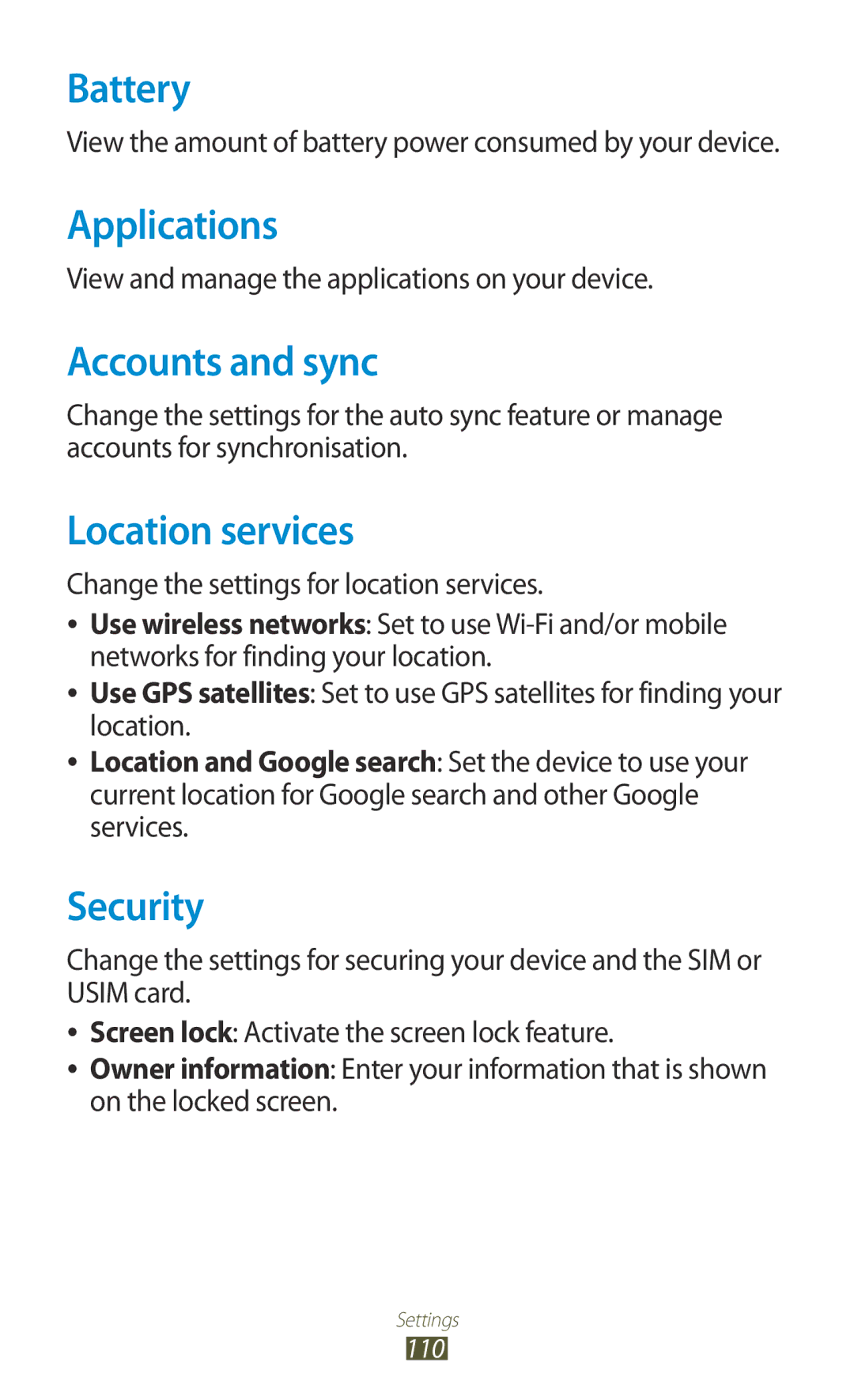 Samsung GT-P7300FKAKSA, GT-P7300FKAARB manual Battery, Applications, Accounts and sync, Location services, Security 