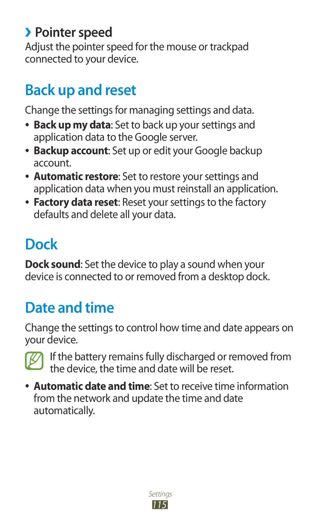 Samsung GT-P7300FKAECT, GT-P7300FKAARB, GT-P7300FKEJED manual Back up and reset, Dock, Date and time, ››Pointer speed 