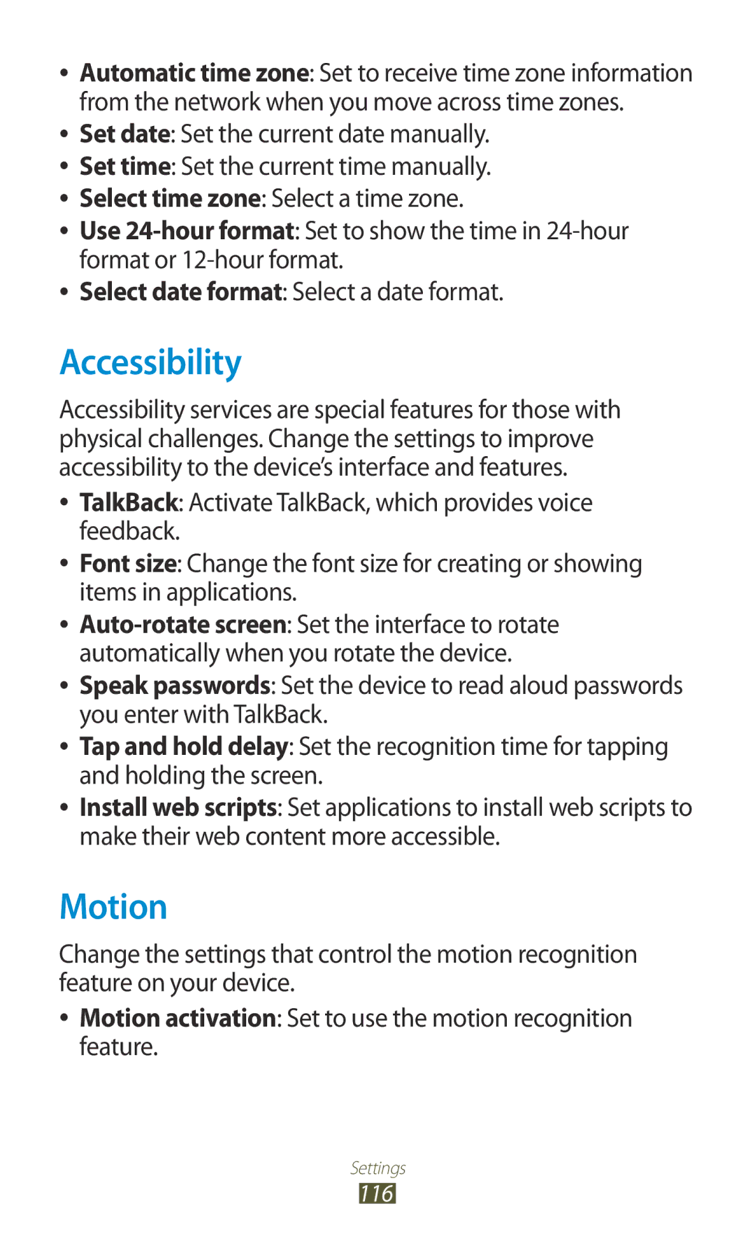 Samsung GT-P7300FKETHR, GT-P7300FKAARB, GT-P7300FKEJED, GT-P7300UWAAFR, GT-P7300UWABTC, GT-P7300UWAJED Accessibility, Motion 