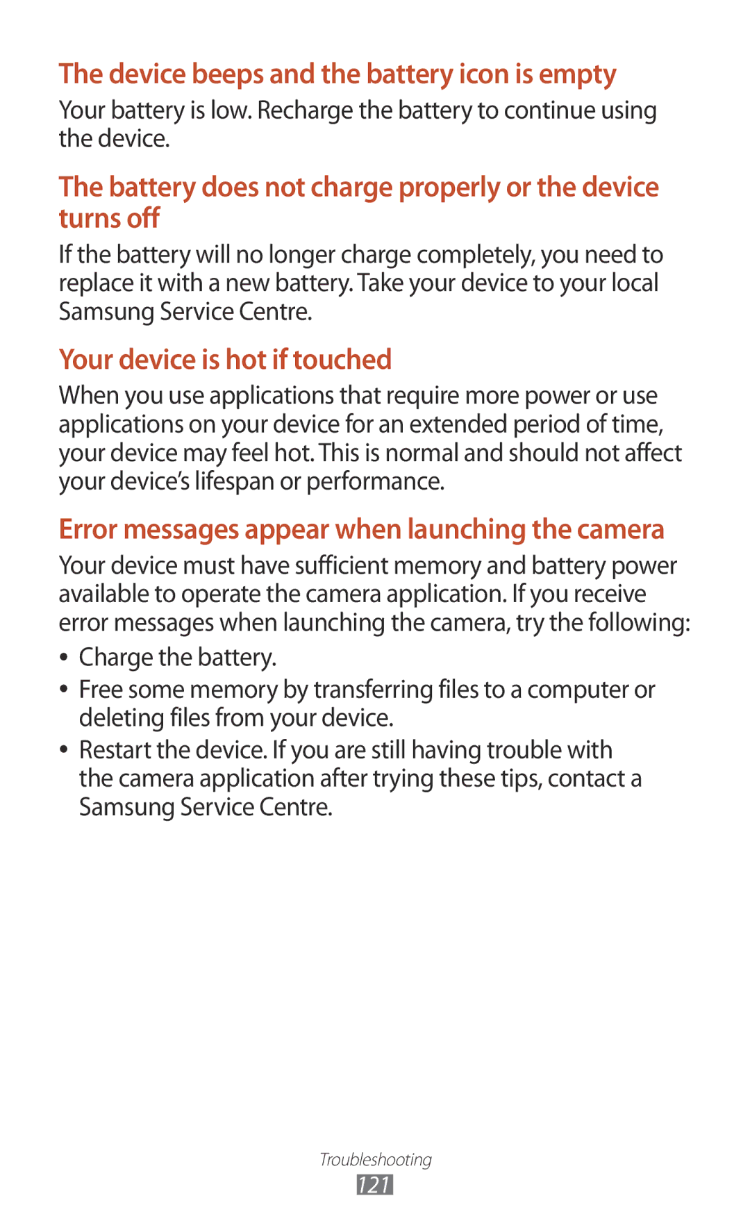 Samsung GT-P7300FKEECT, GT-P7300FKAARB, GT-P7300FKEJED, GT-P7300UWAAFR manual Device beeps and the battery icon is empty 