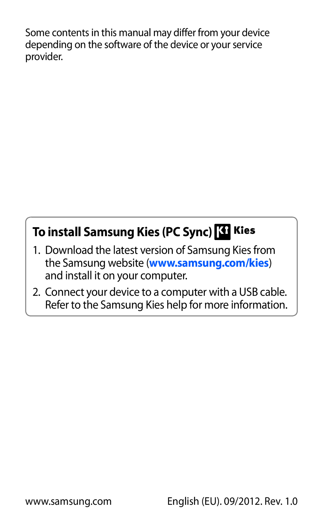 Samsung GT-P7300UWAXEV, GT-P7300FKAARB, GT-P7300FKEJED, GT-P7300UWAAFR, GT-P7300UWABTC manual To install Samsung Kies PC Sync 