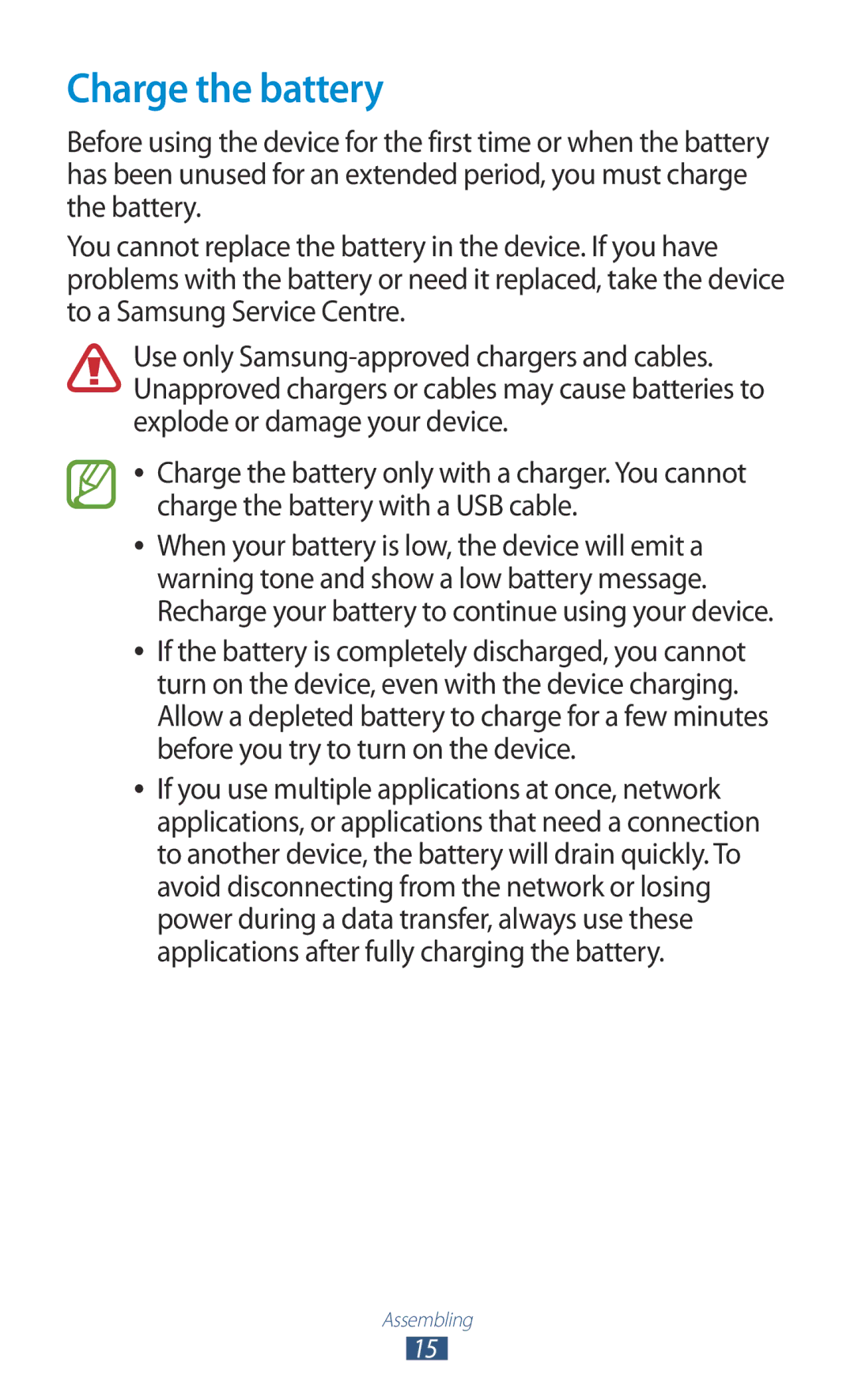 Samsung GT-P7300UWEXSG, GT-P7300FKAARB, GT-P7300FKEJED, GT-P7300UWAAFR, GT-P7300UWABTC, GT-P7300UWAJED manual Charge the battery 