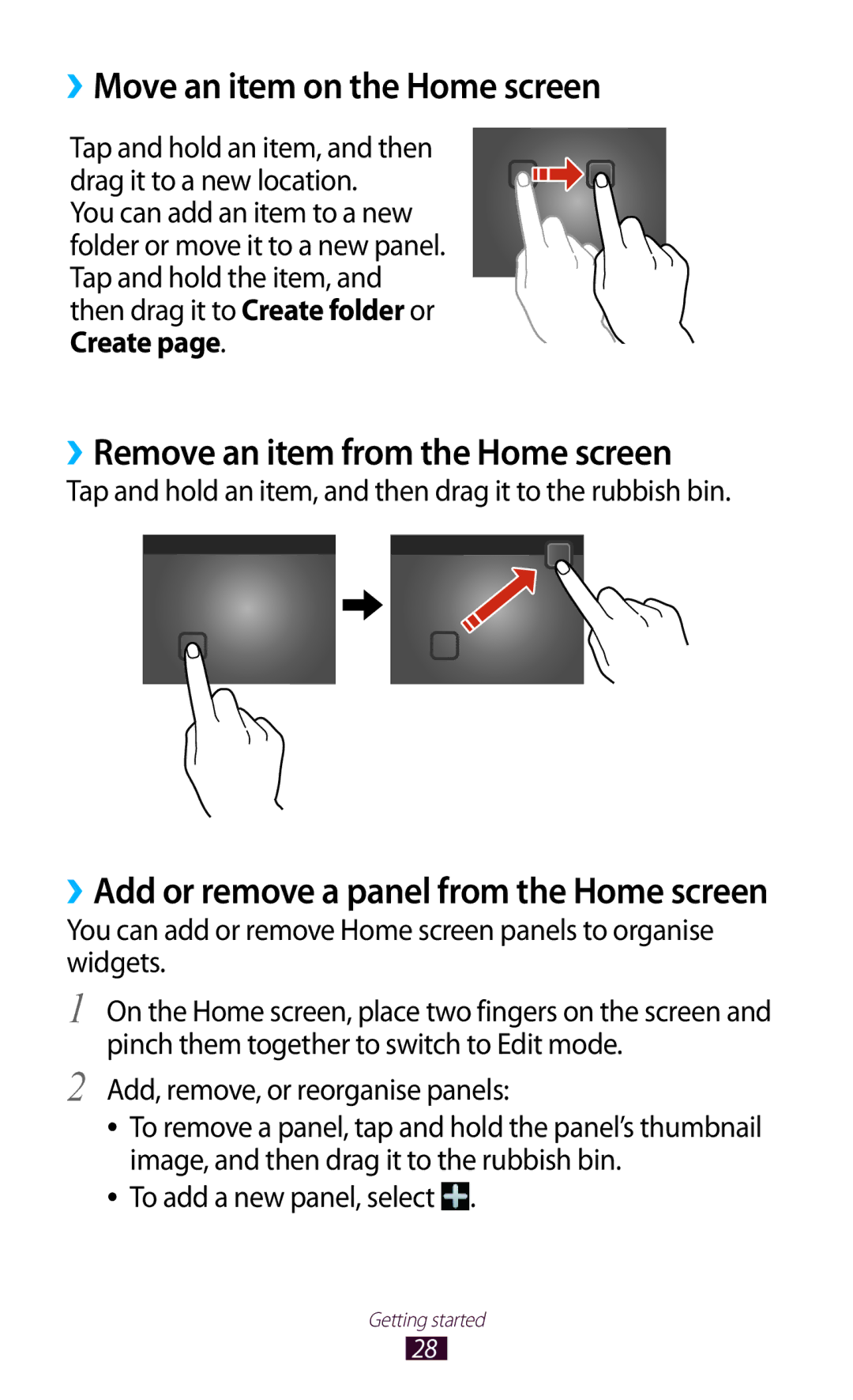 Samsung GT-P7300UWAXXV, GT-P7300FKAARB manual ››Move an item on the Home screen, ››Remove an item from the Home screen 