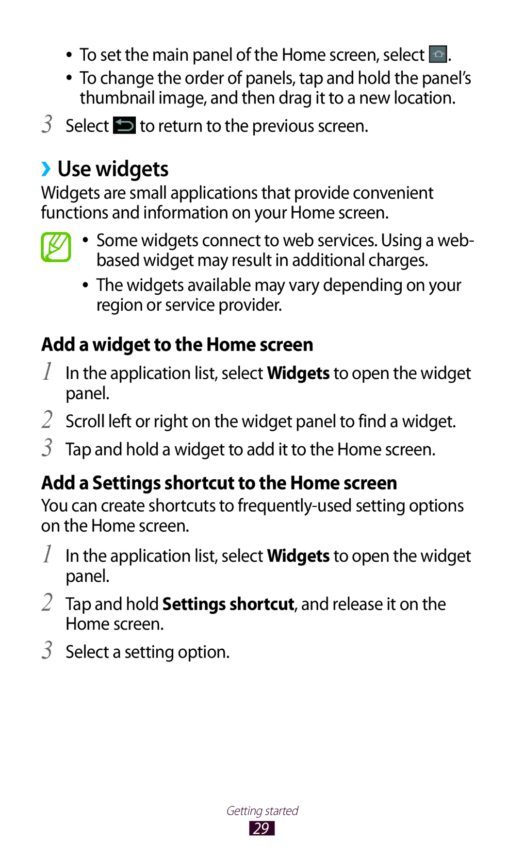 Samsung GT-P7300FKAXXV, GT-P7300FKAARB, GT-P7300FKEJED manual ››Use widgets, To set the main panel of the Home screen, select 