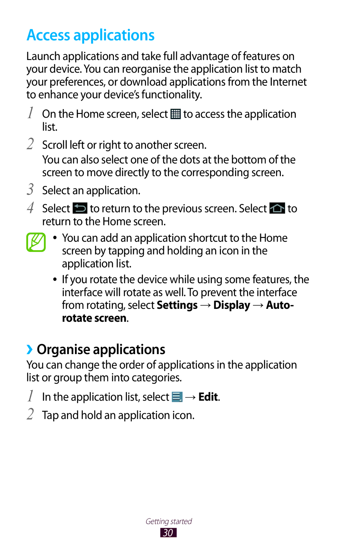 Samsung GT-P7300FKAXEV, GT-P7300FKAARB, GT-P7300FKEJED, GT-P7300UWAAFR manual Access applications, ››Organise applications 