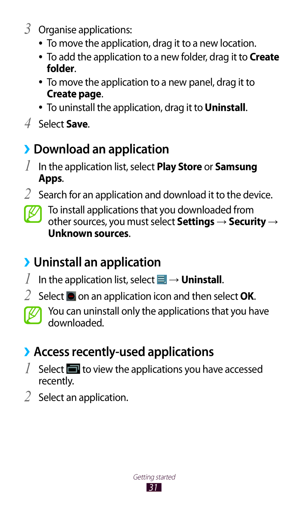 Samsung GT-P7300UWAPTR ››Download an application, ››Uninstall an application, ››Access recently-used applications, Apps 