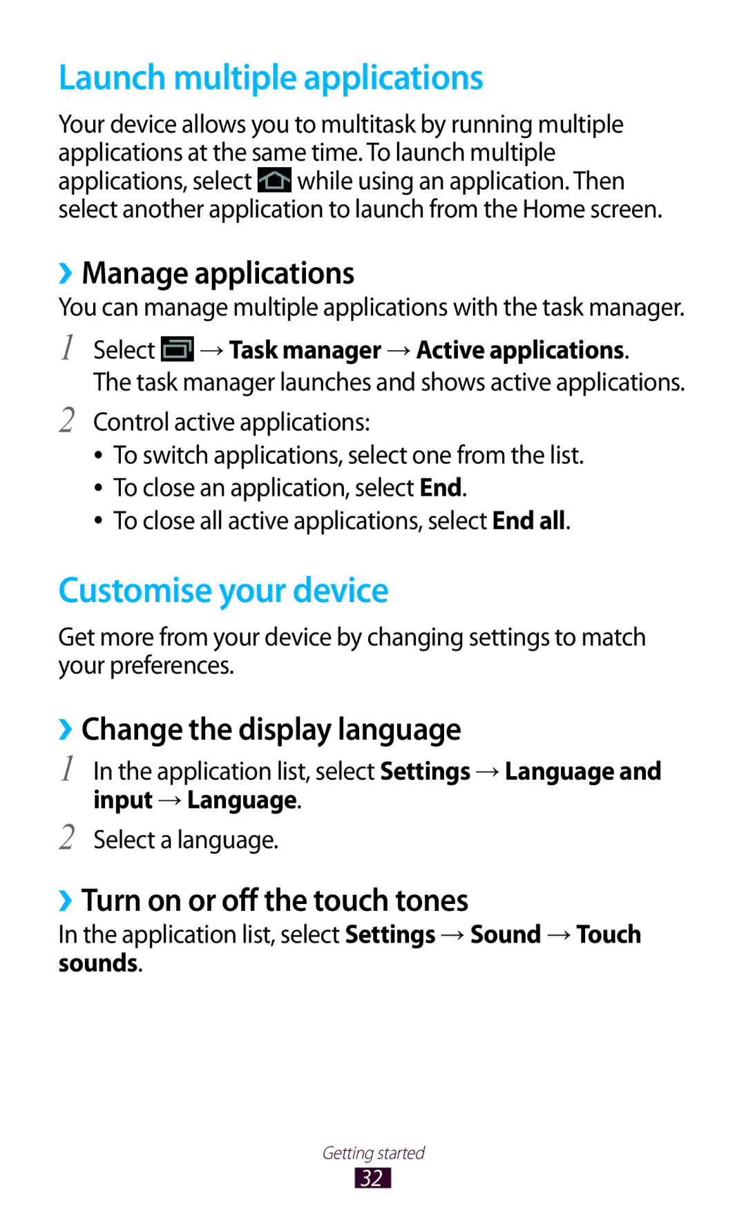 Samsung GT-P7300FKAPTR, GT-P7300FKAARB manual Launch multiple applications, Customise your device, ››Manage applications 