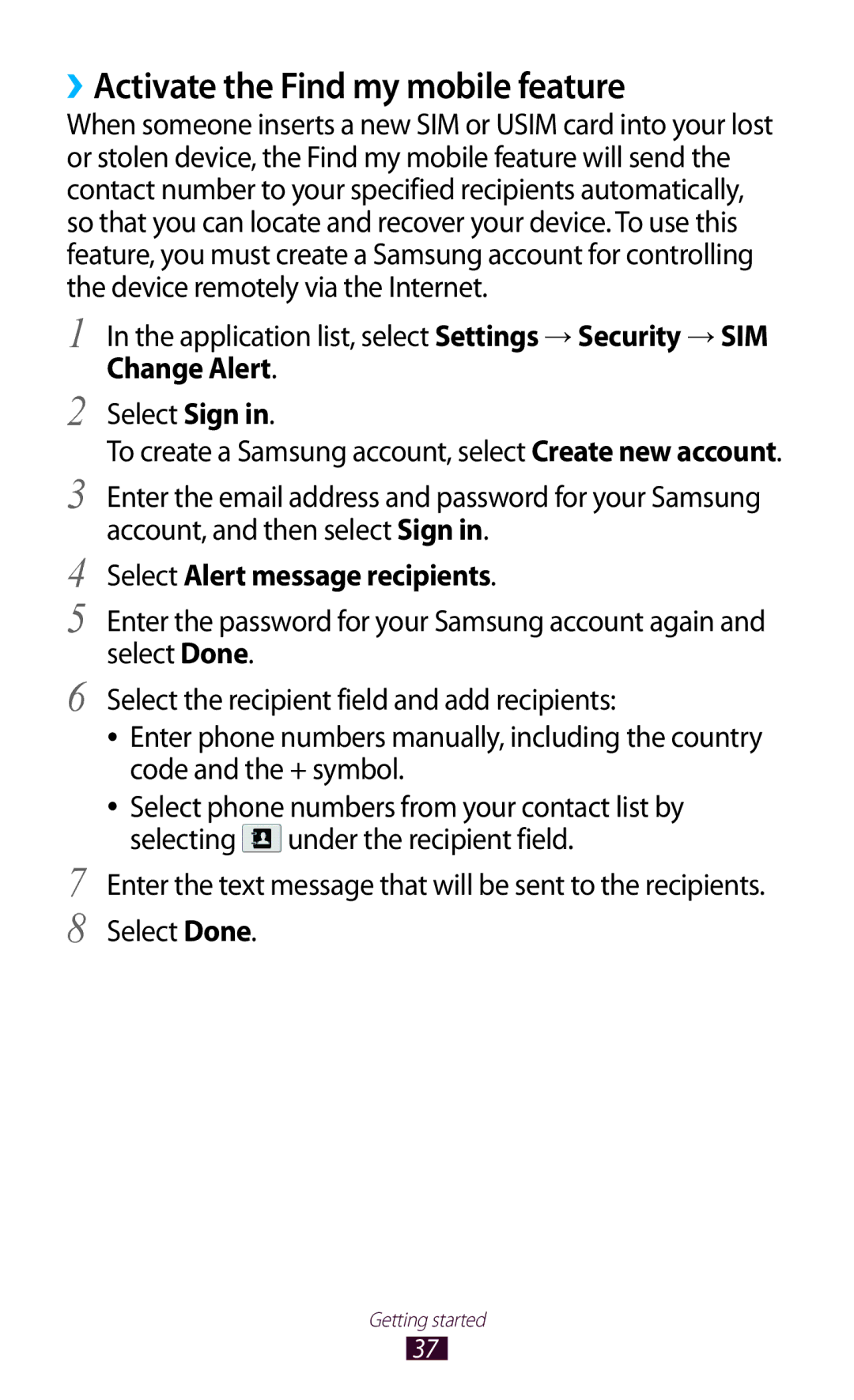 Samsung GT-P7300UWAJED manual ››Activate the Find my mobile feature, Application list, select Settings → Security → SIM 