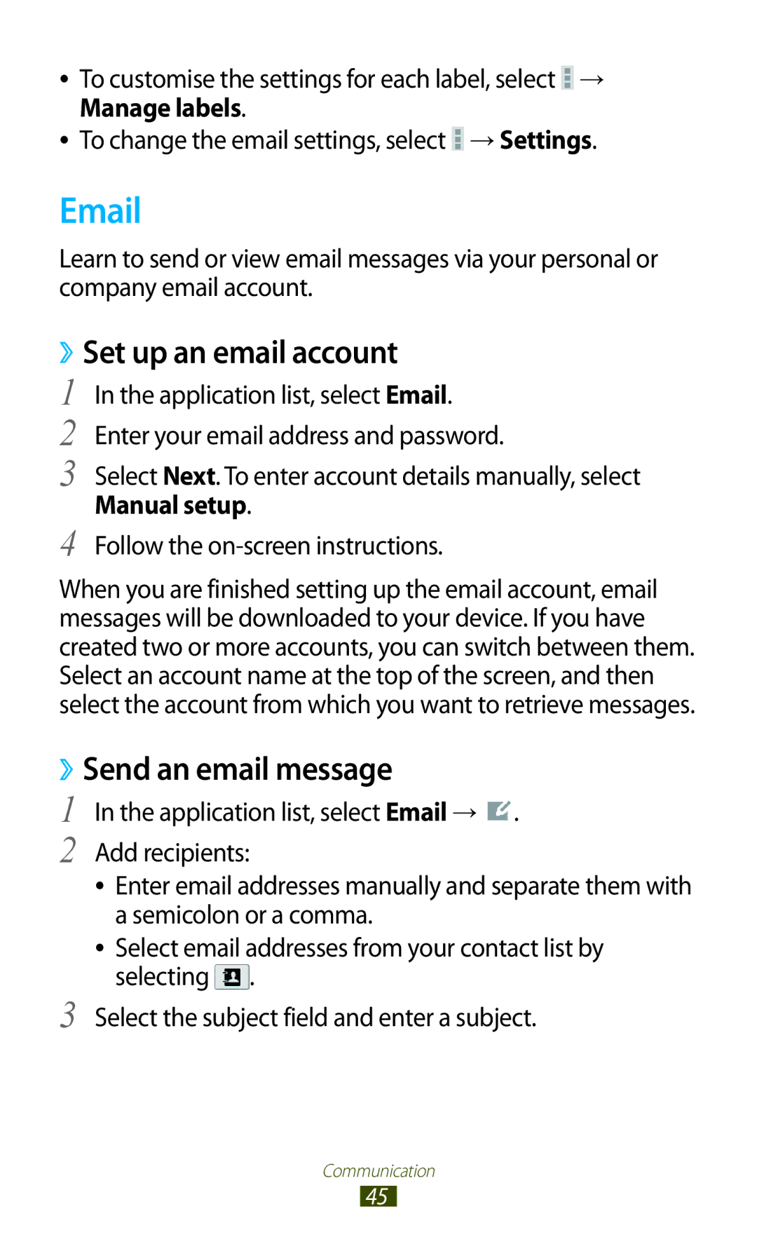 Samsung GT-P7300FKAXSG, GT-P7300FKAARB, GT-P7300FKEJED, GT-P7300UWAAFR, GT-P7300UWABTC manual ››Set up an email account 