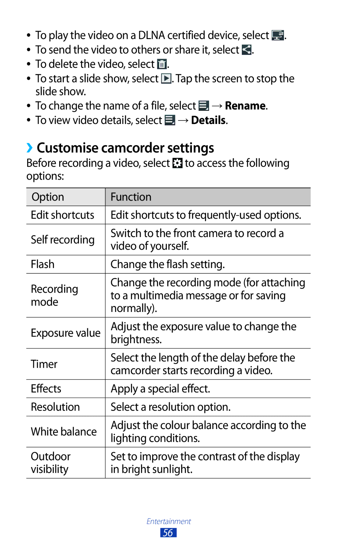 Samsung GT-P7300UWETHR, GT-P7300FKAARB, GT-P7300FKEJED, GT-P7300UWAAFR manual ››Customise camcorder settings, → Details 