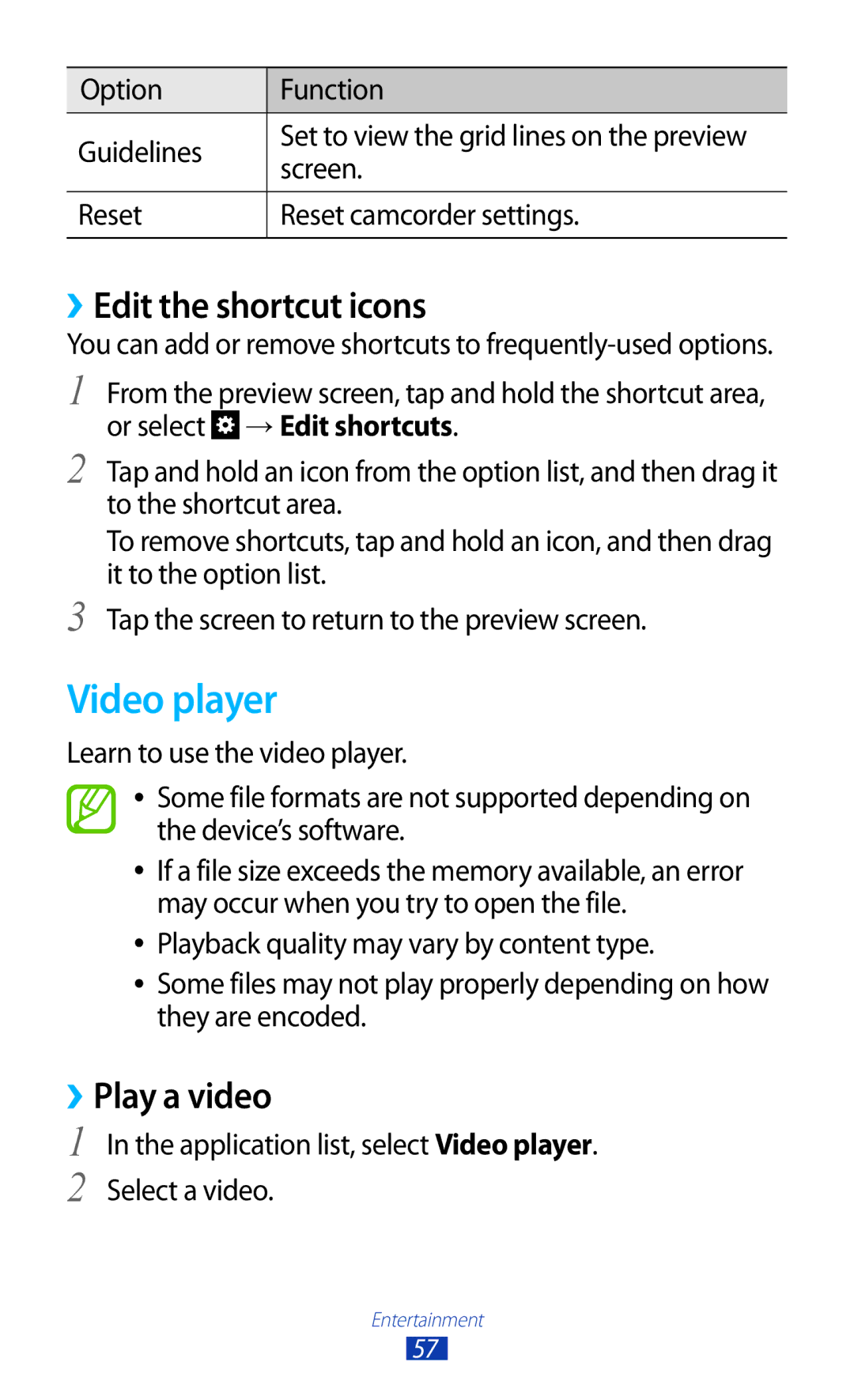 Samsung GT-P7300FKAMID, GT-P7300FKAARB, GT-P7300FKEJED manual Video player, ››Edit the shortcut icons, ››Play a video 