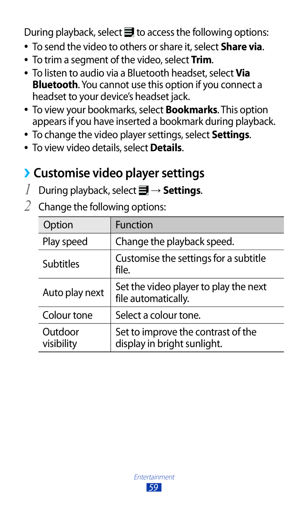 Samsung GT-P7300UWAARB, GT-P7300FKAARB, GT-P7300FKEJED, GT-P7300UWAAFR, GT-P7300UWABTC manual ››Customise video player settings 