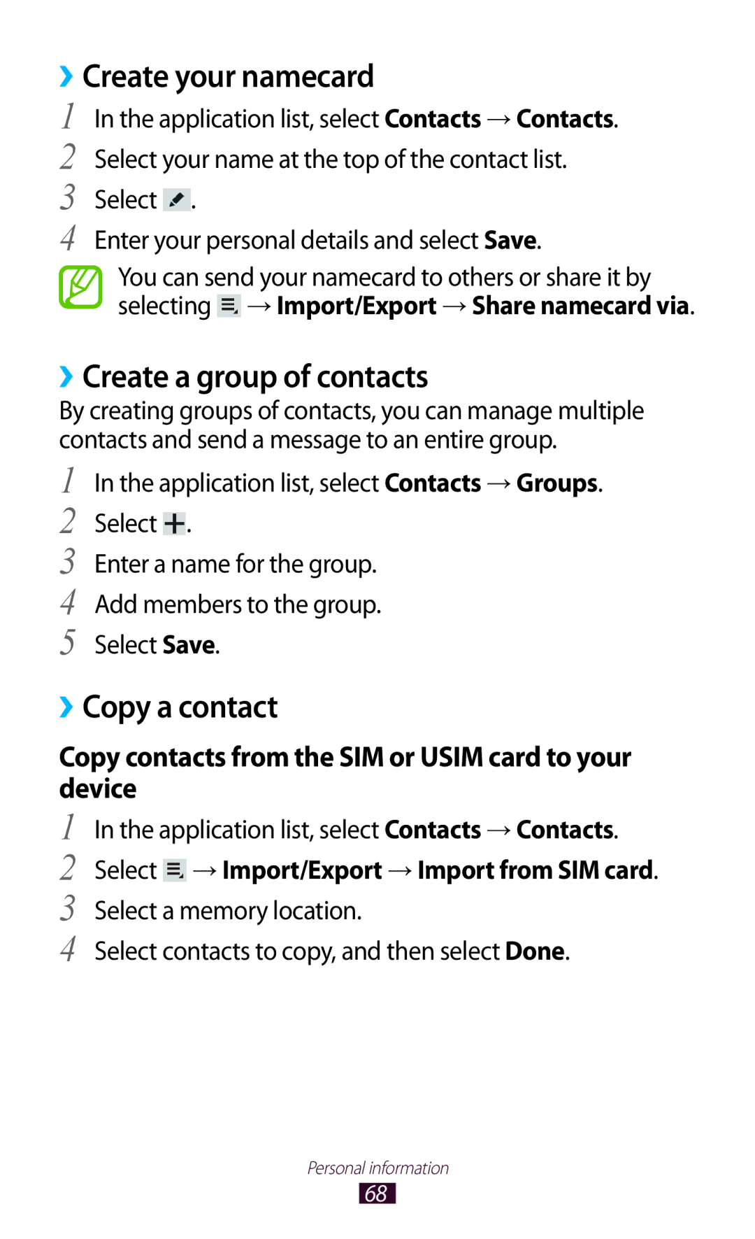 Samsung GT-P7300UWAAFR, GT-P7300FKAARB manual ››Create your namecard, ››Create a group of contacts, ››Copy a contact 