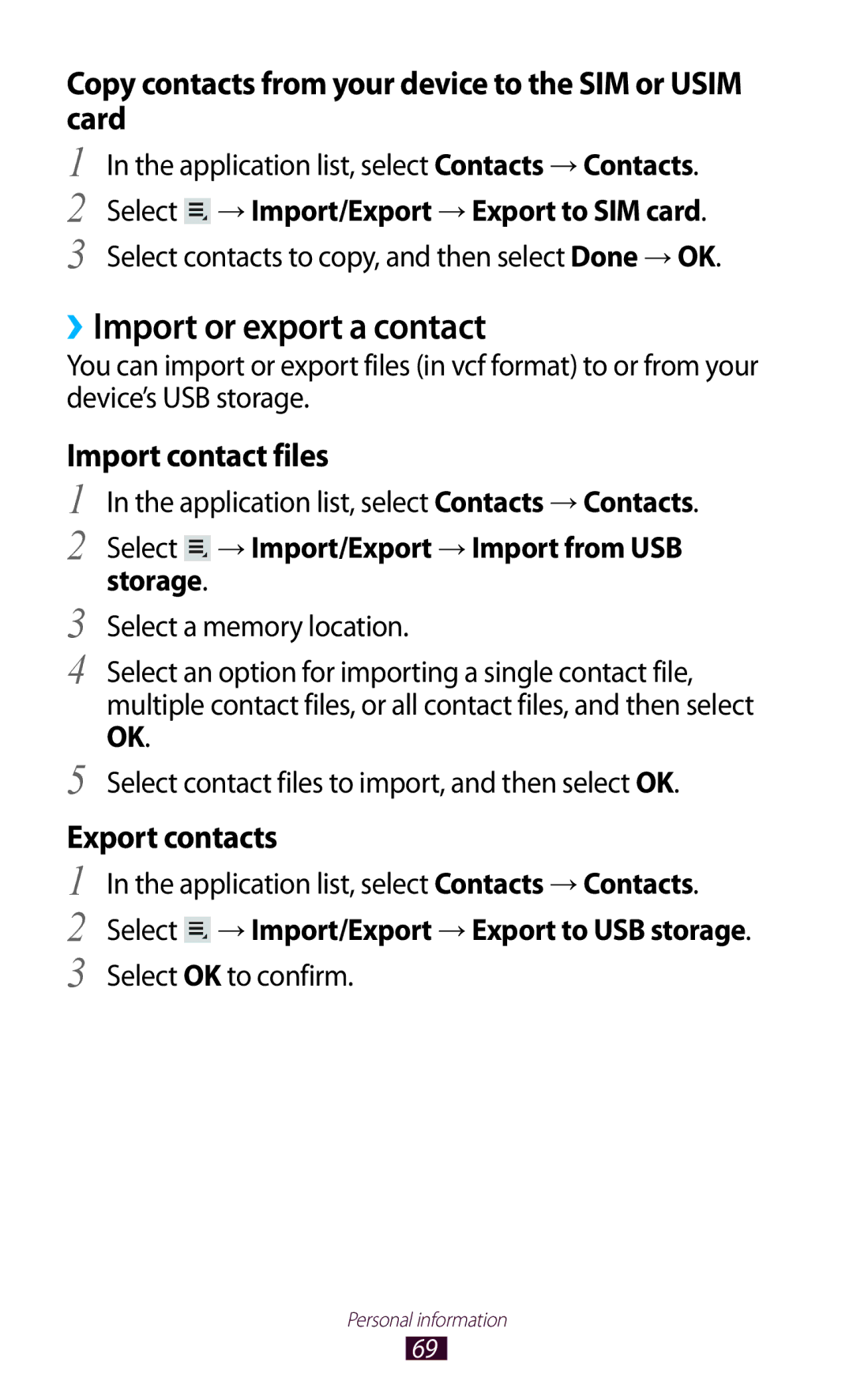 Samsung GT-P7300UWABTC, GT-P7300FKAARB ››Import or export a contact, Select → Import/Export → Export to SIM card, Storage 