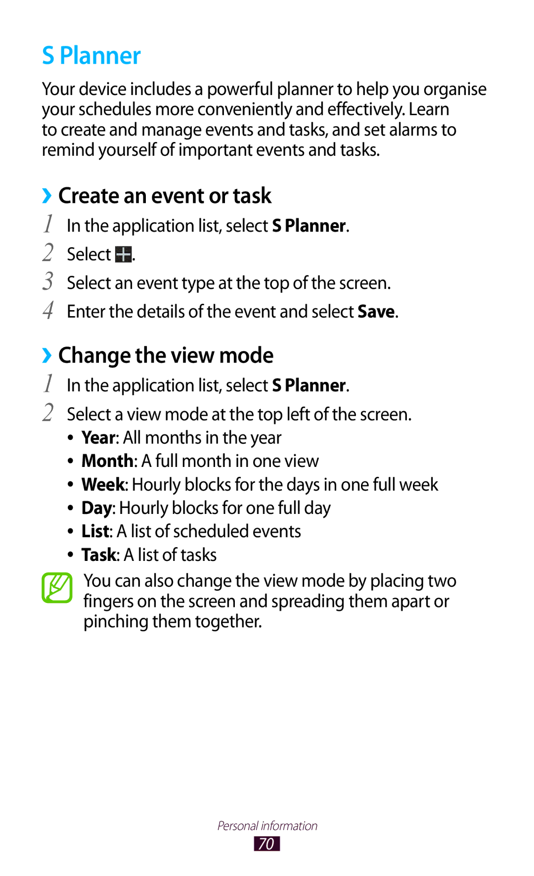 Samsung GT-P7300UWAJED, GT-P7300FKAARB, GT-P7300FKEJED manual Planner, ››Create an event or task, ››Change the view mode 