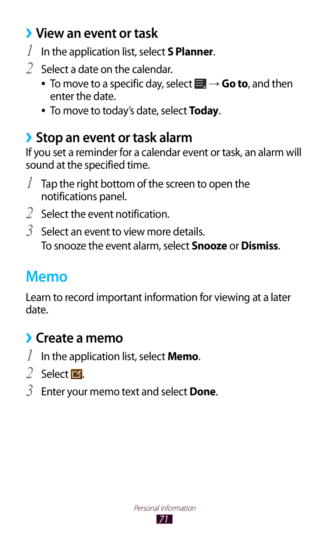 Samsung GT-P7300UWATHR, GT-P7300FKAARB manual Memo, ››View an event or task, ››Stop an event or task alarm, ››Create a memo 