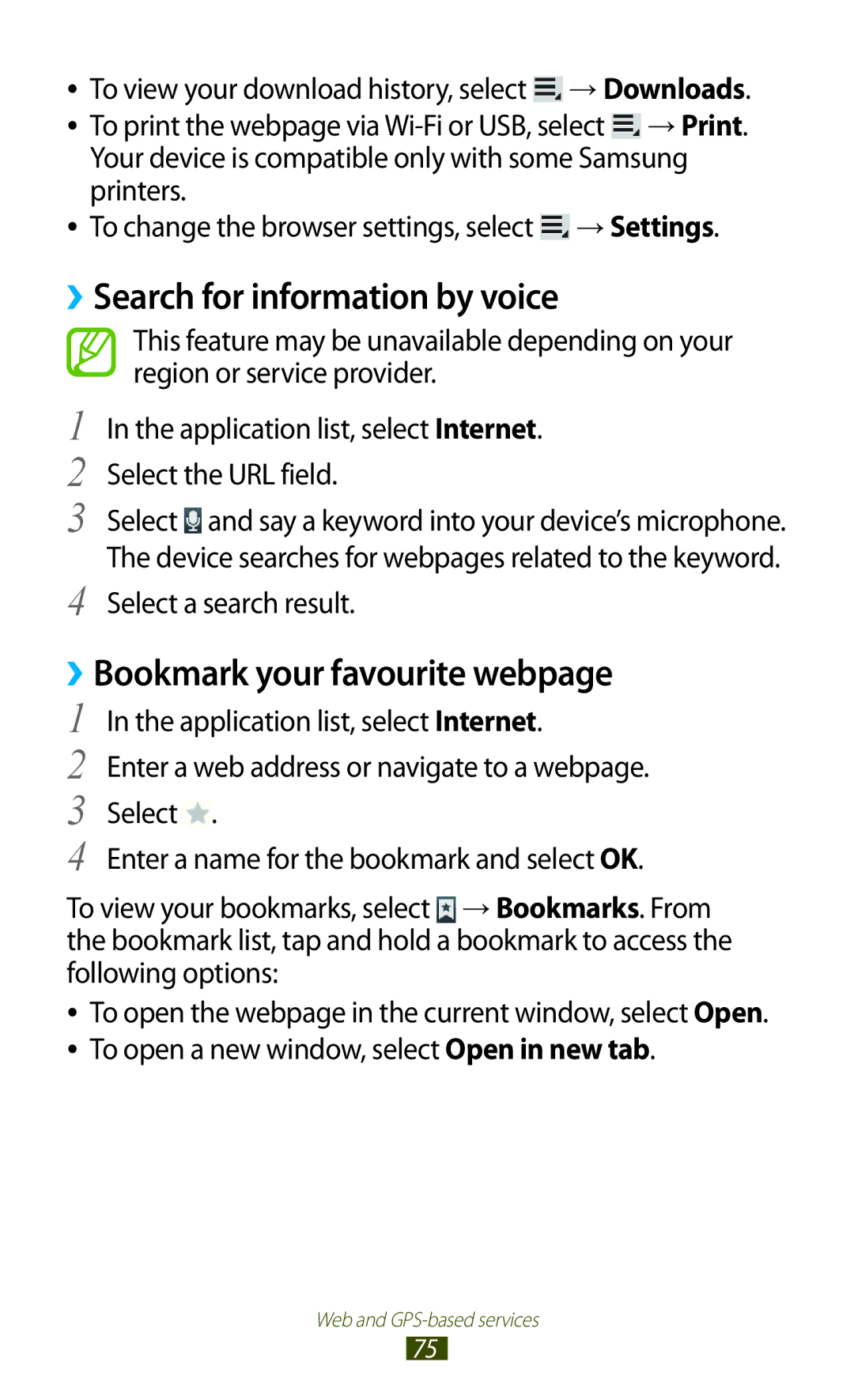 Samsung GT-P7300UWEKSA manual ››Search for information by voice, ››Bookmark your favourite webpage, Select a search result 