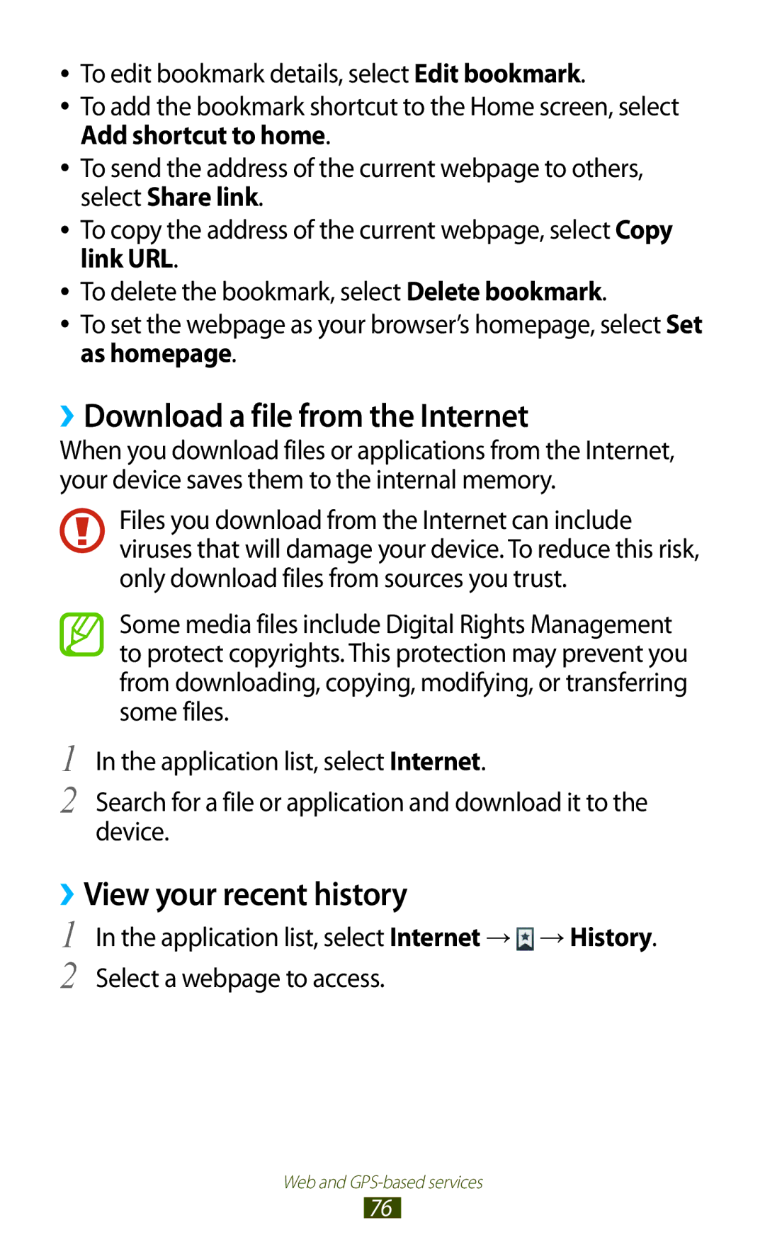 Samsung GT-P7300UWAKSA, GT-P7300FKAARB, GT-P7300FKEJED manual ››Download a file from the Internet, ››View your recent history 