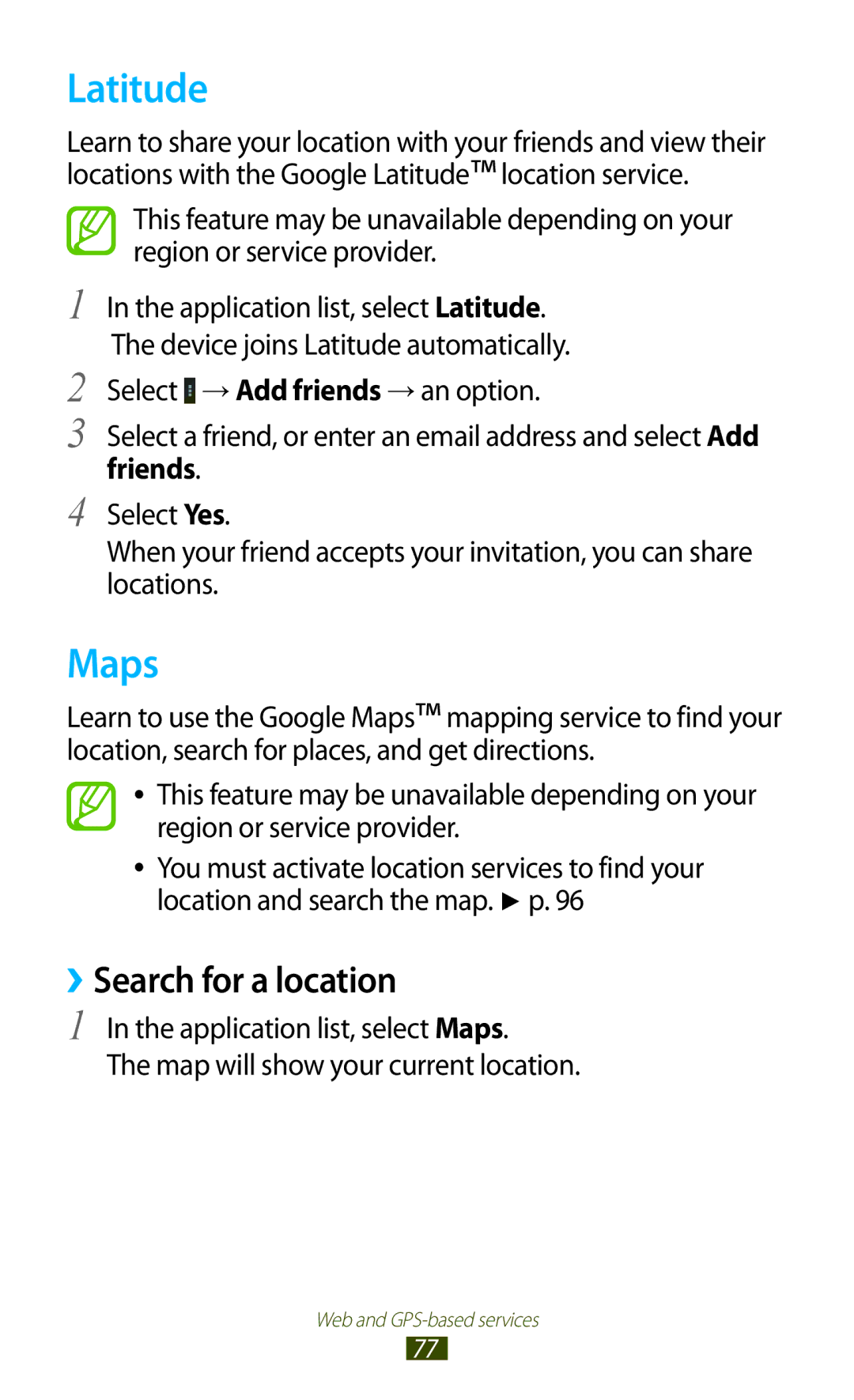 Samsung GT-P7300FKAKSA, GT-P7300FKAARB, GT-P7300FKEJED, GT-P7300UWAAFR manual Latitude, Maps, ››Search for a location, Friends 