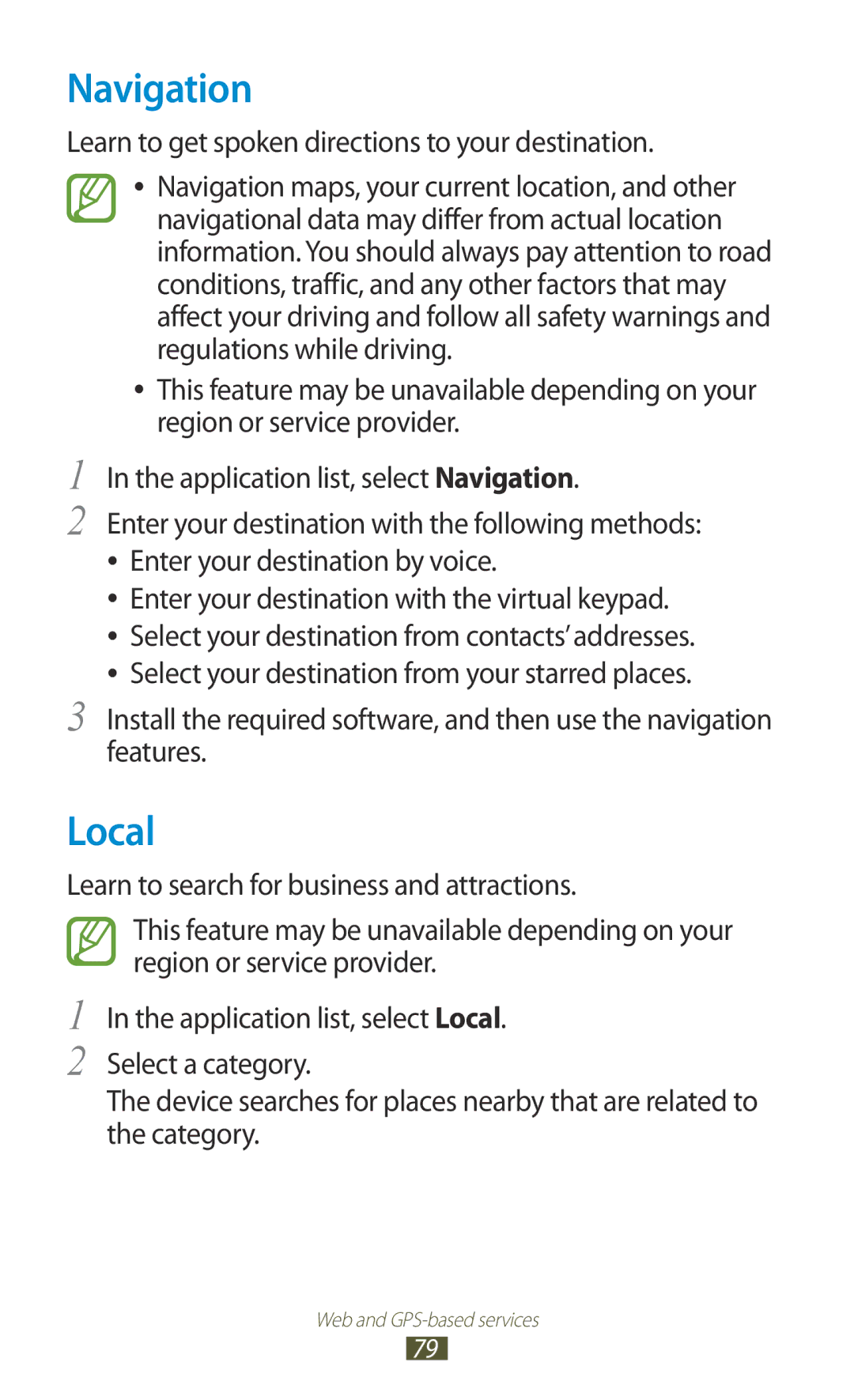 Samsung GT-P7300UWAMID, GT-P7300FKAARB manual Navigation, Local, Learn to get spoken directions to your destination 