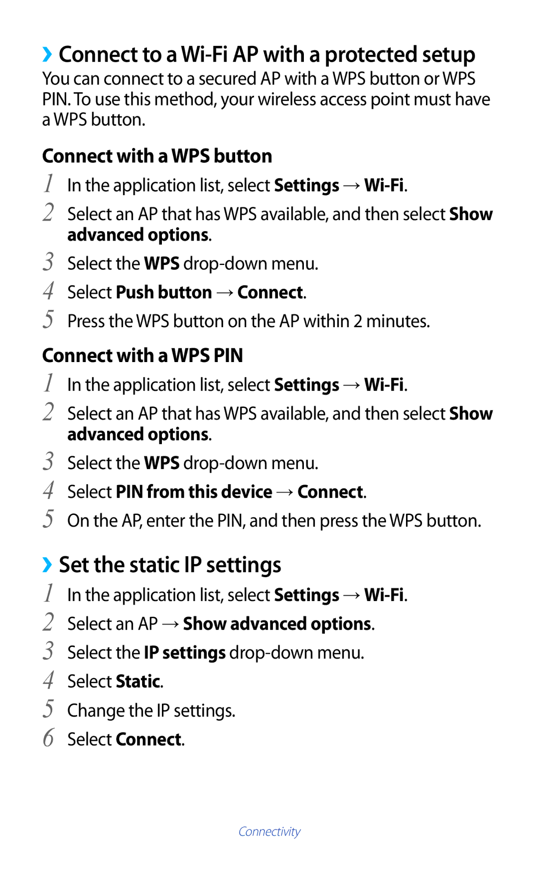 Samsung GT-P7300FKEECT manual ››Set the static IP settings, Application list, select Settings → Wi-Fi, Advanced options 