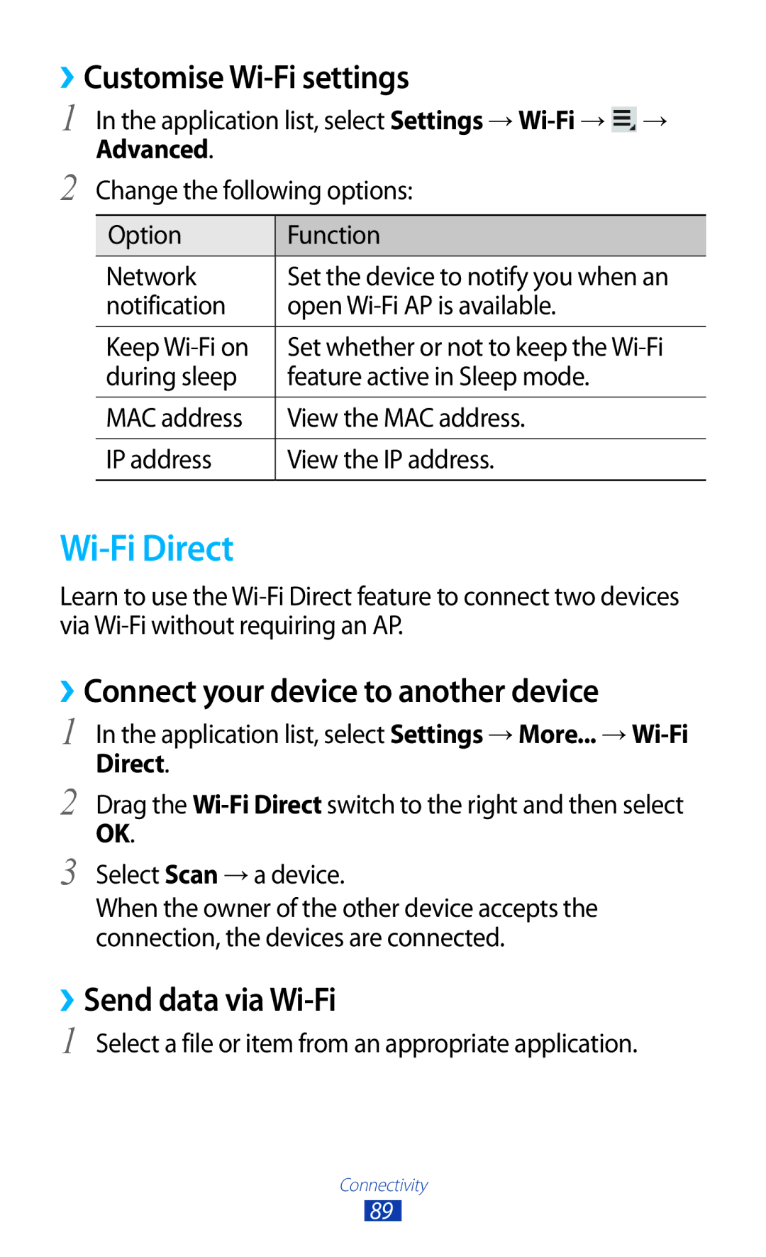 Samsung GT-P7300UWETHR, GT-P7300FKAARB Wi-Fi Direct, ››Customise Wi-Fi settings, ››Connect your device to another device 