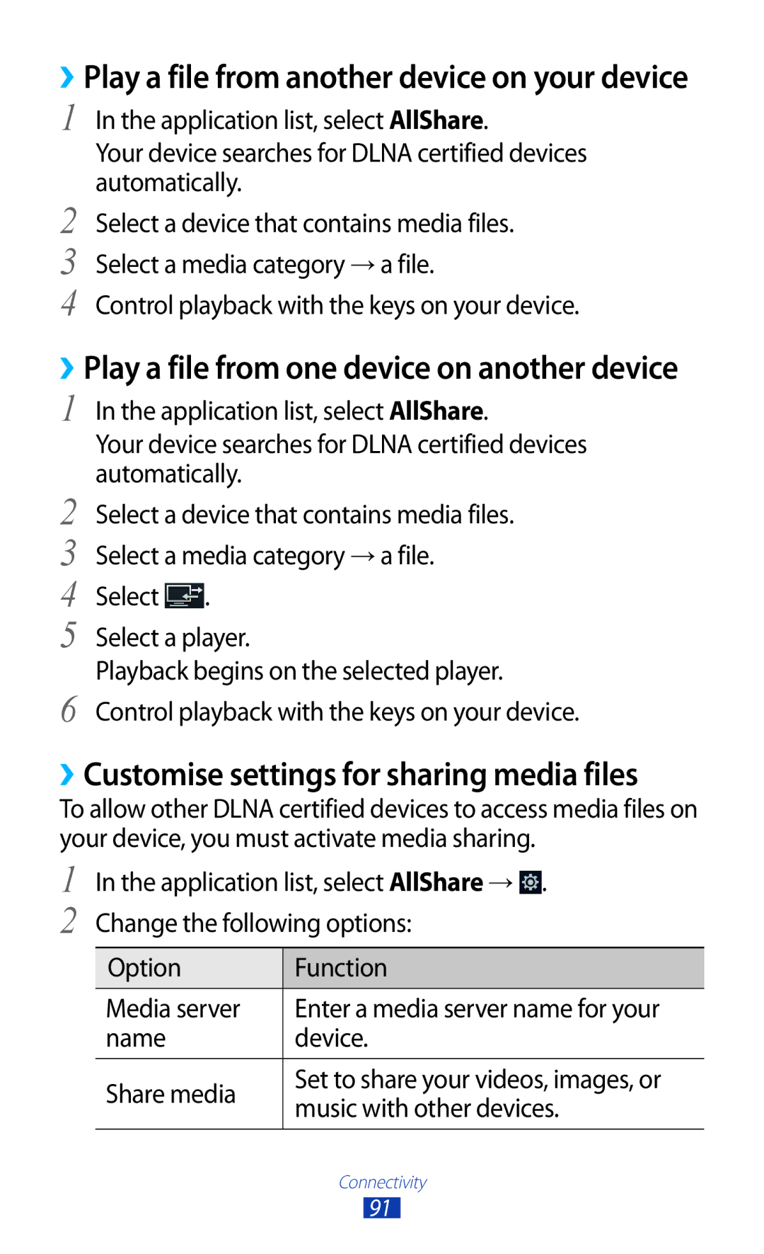 Samsung GT-P7300FKEKSA manual ››Customise settings for sharing media files, Control playback with the keys on your device 