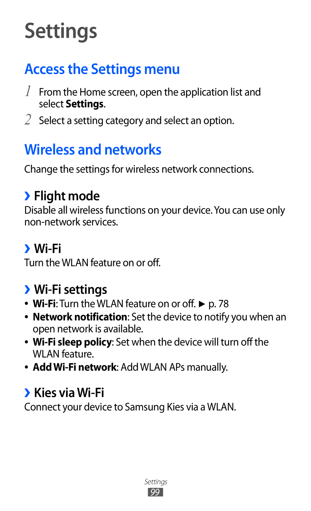 Samsung GT-P7300FKATHR, GT-P7300FKAARB, GT-P7300FKEJED, GT-P7300UWAAFR Access the Settings menu, Wireless and networks 