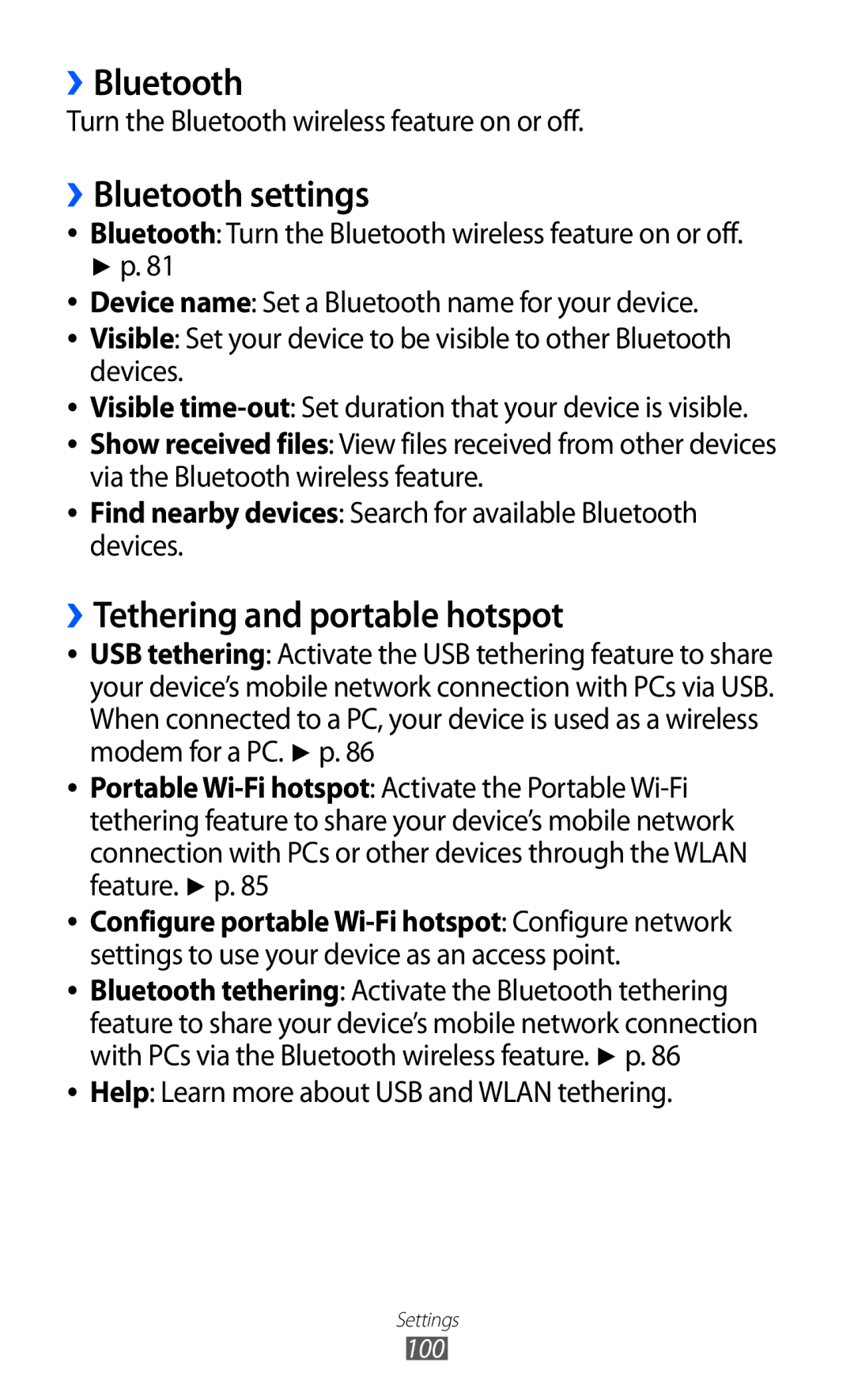 Samsung GT-P7300UWAXSG, GT-P7300FKAARB, GT-P7300FKEJED manual ››Bluetooth settings, ››Tethering and portable hotspot 