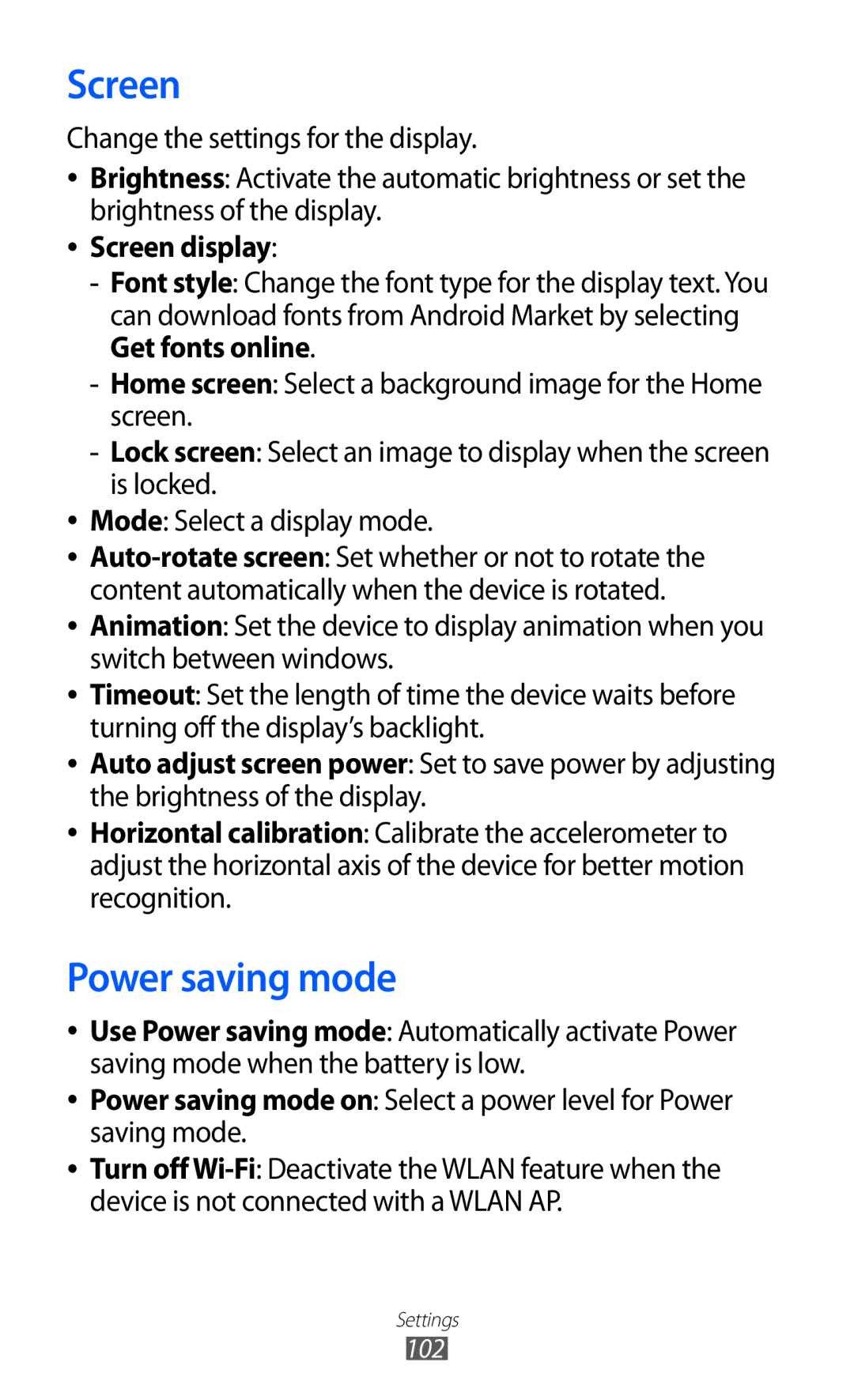 Samsung GT-P7300UWAKSA, GT-P7300FKAARB, GT-P7300FKEJED, GT-P7300UWAAFR, GT-P7300UWABTC Power saving mode, Screen display 