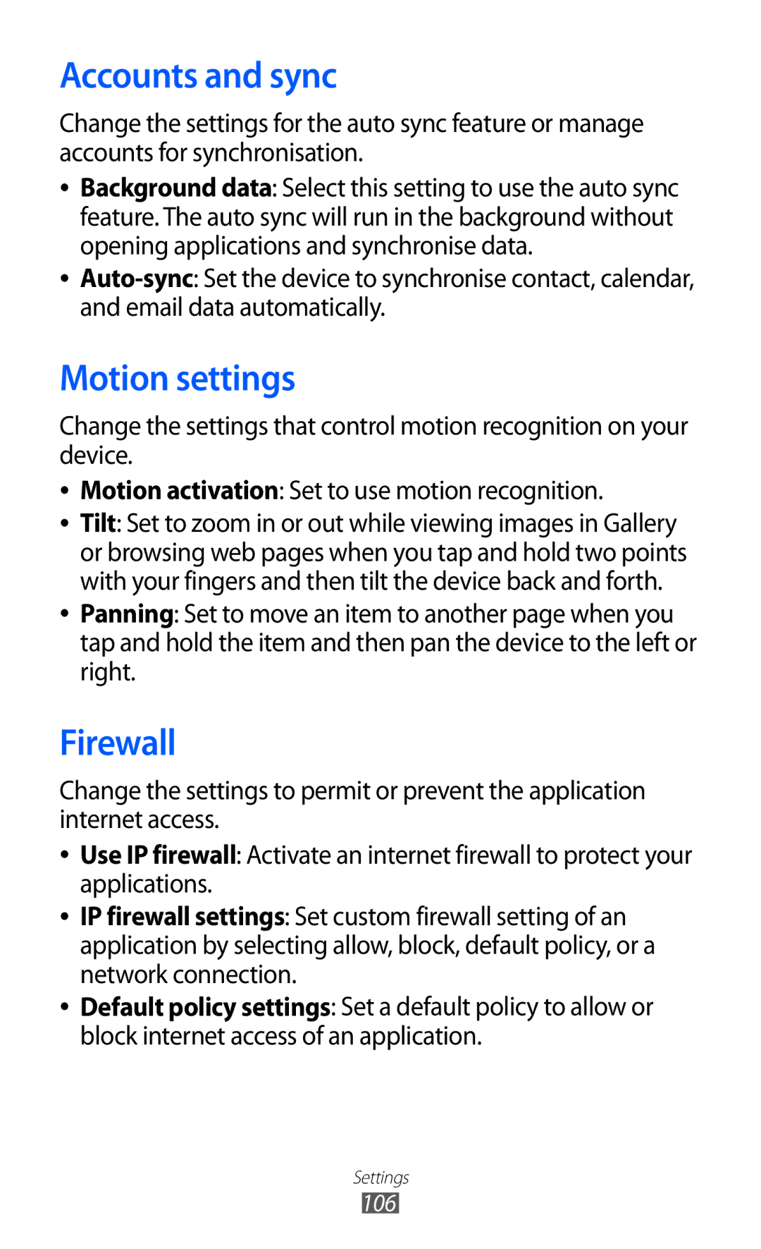 Samsung GT-P7300UWATUN, GT-P7300FKAARB, GT-P7300FKEJED, GT-P7300UWAAFR manual Accounts and sync, Motion settings, Firewall 