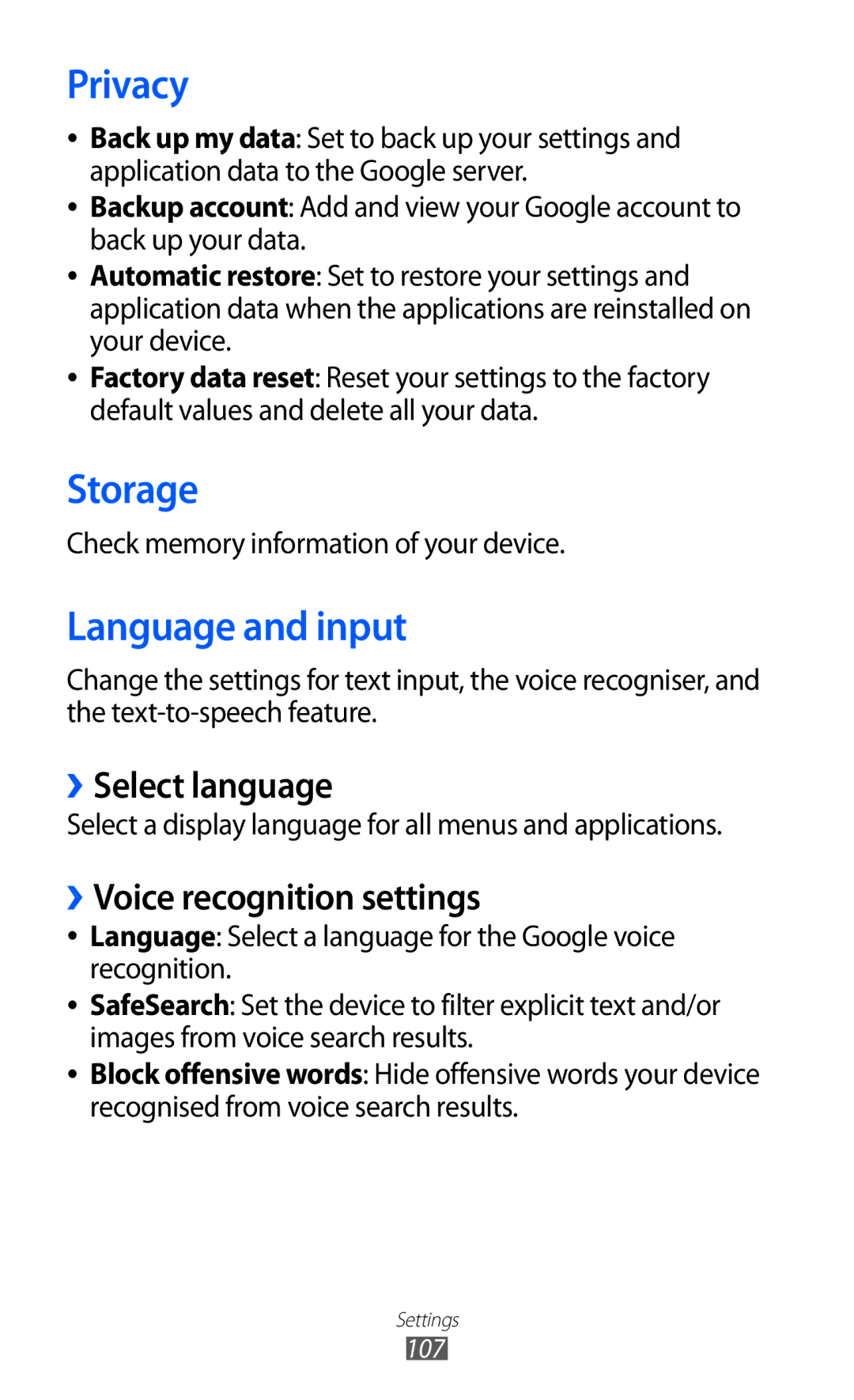 Samsung GT-P7300UWEXSG manual Privacy, Storage, Language and input, ››Select language, ››Voice recognition settings 