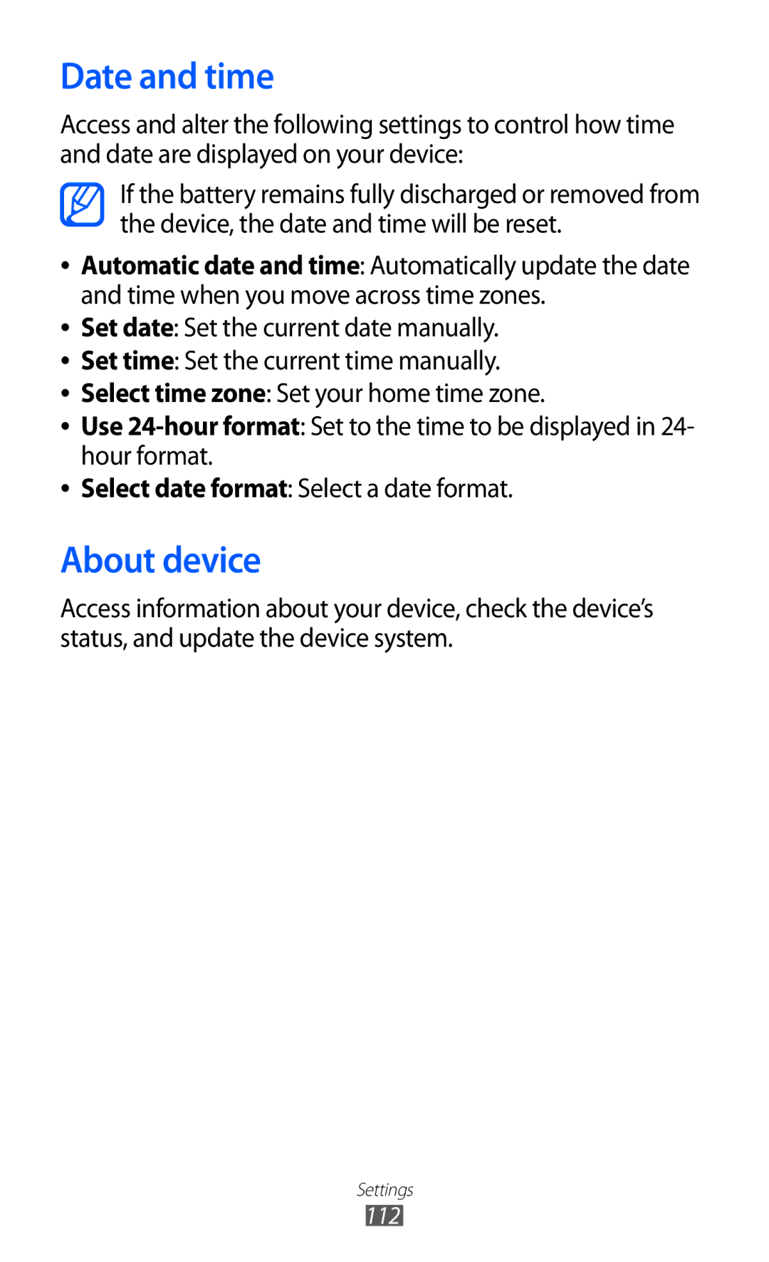 Samsung GT-P7300FKASKZ, GT-P7300FKAARB, GT-P7300FKEJED, GT-P7300UWAAFR, GT-P7300UWABTC manual Date and time, About device 