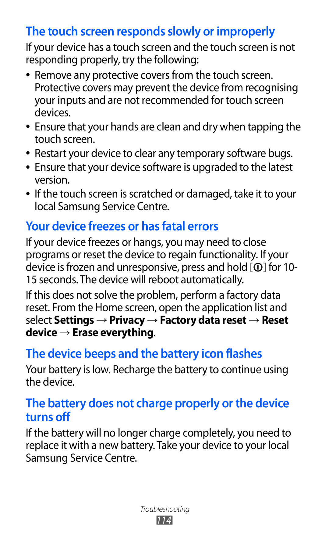 Samsung GT-P7300FKEECT, GT-P7300FKAARB, GT-P7300FKEJED, GT-P7300UWAAFR manual Device beeps and the battery icon flashes 