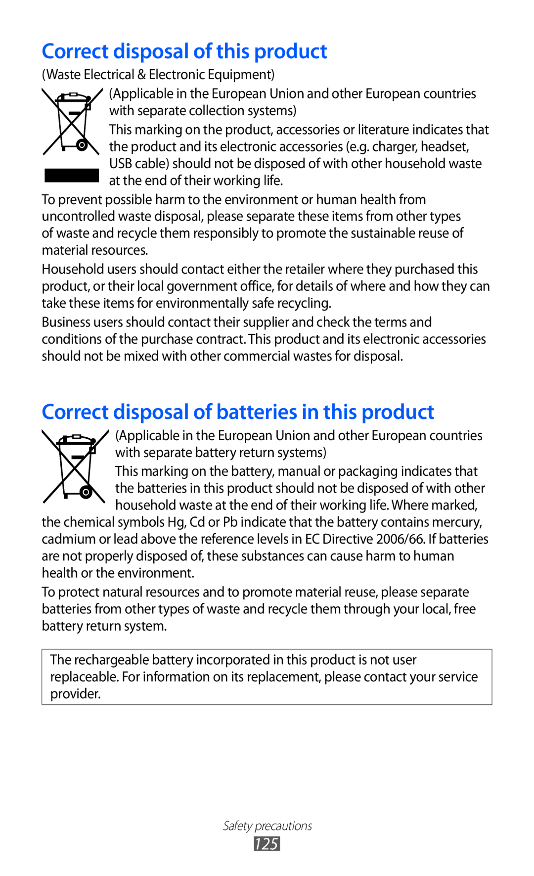 Samsung GT-P7300UWAAFR, GT-P7300FKAARB, GT-P7300FKEJED, GT-P7300UWABTC, GT-P7300UWAJED manual Correct disposal of this product 